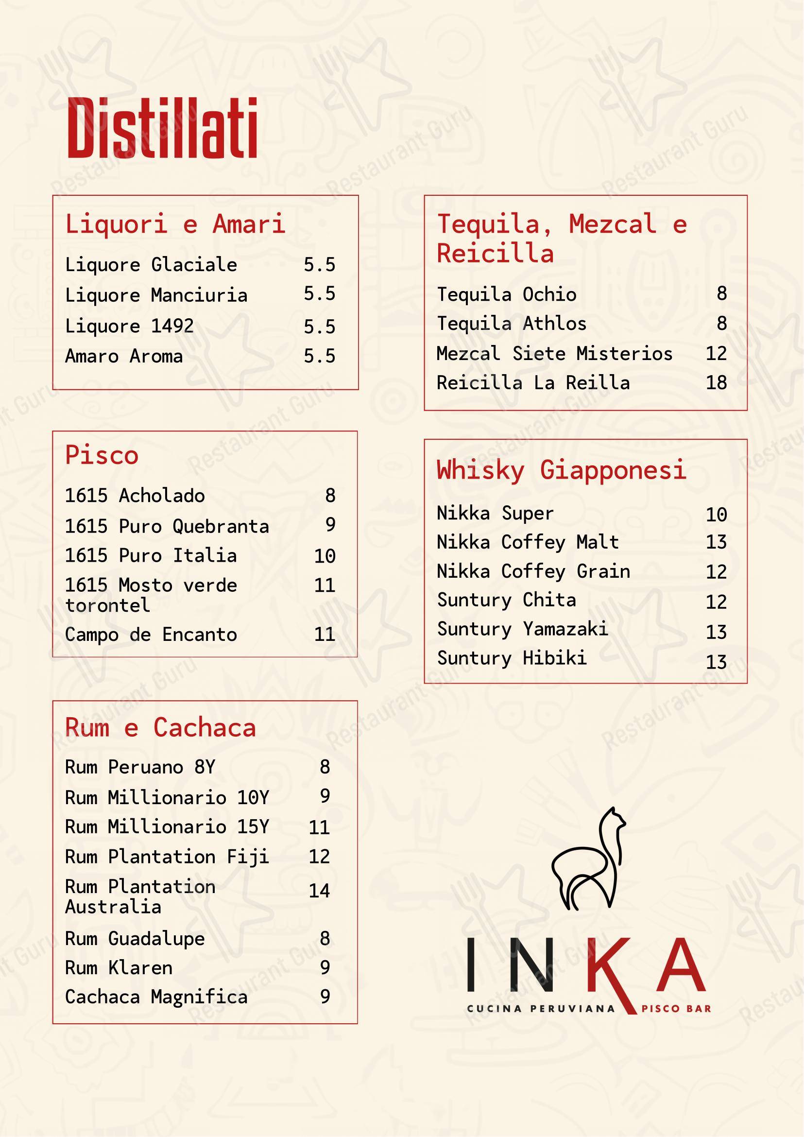 Menu per Inka - Cucina Peruviana & Pisco Bar ristorante