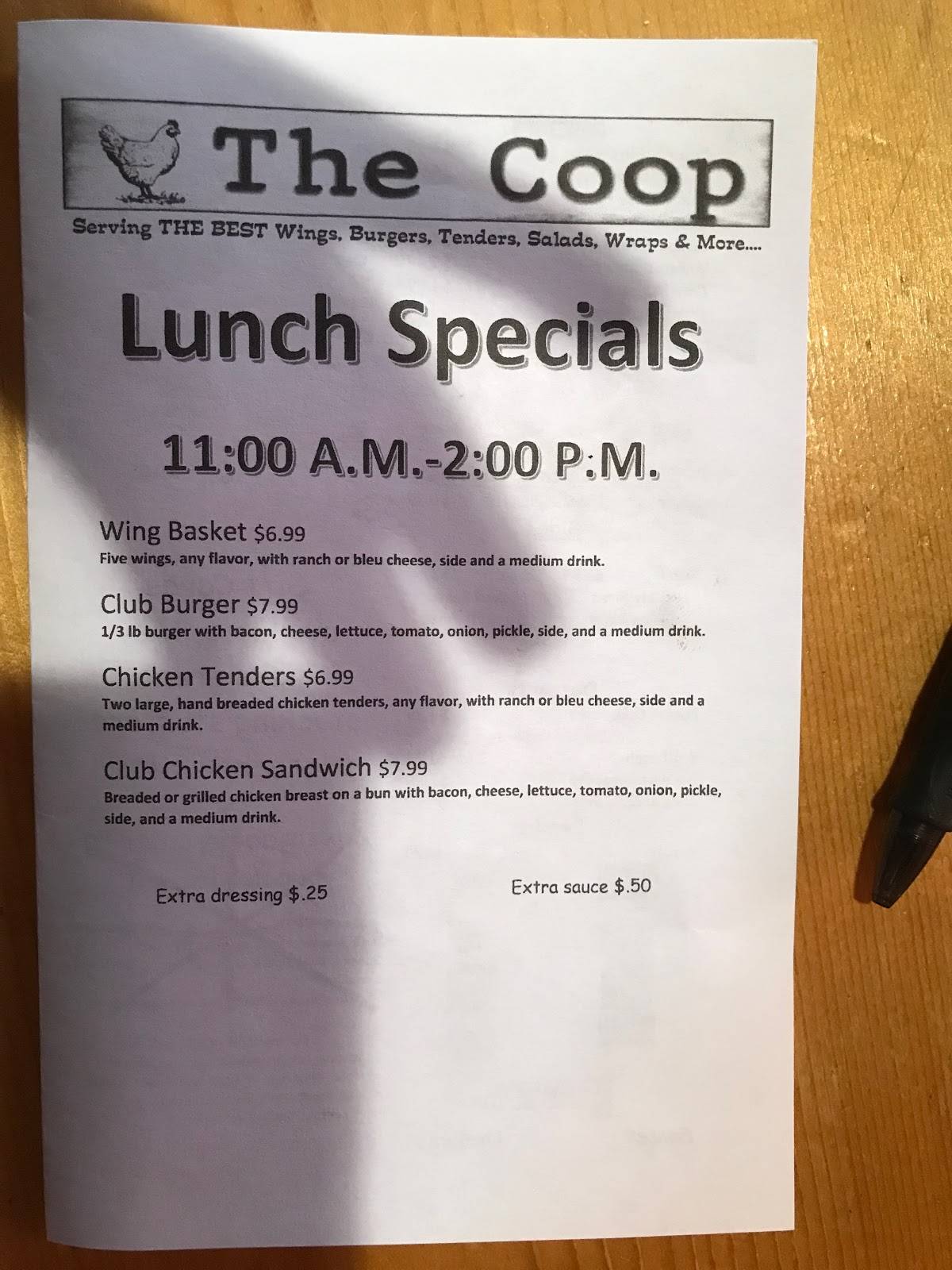 Menu at The Coop restaurant, Macclenny