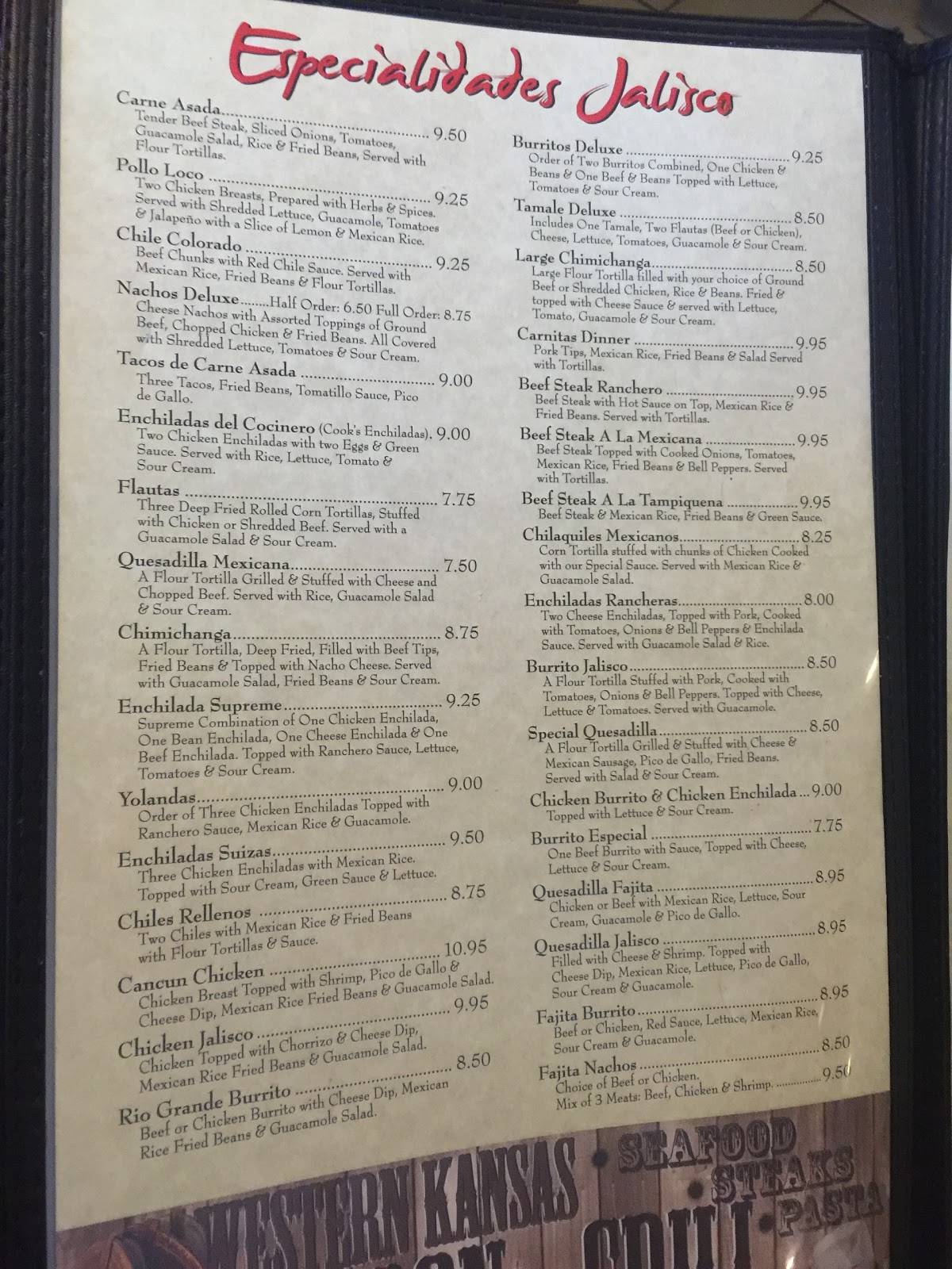 Menu at Jalisco Restaurant, Hays