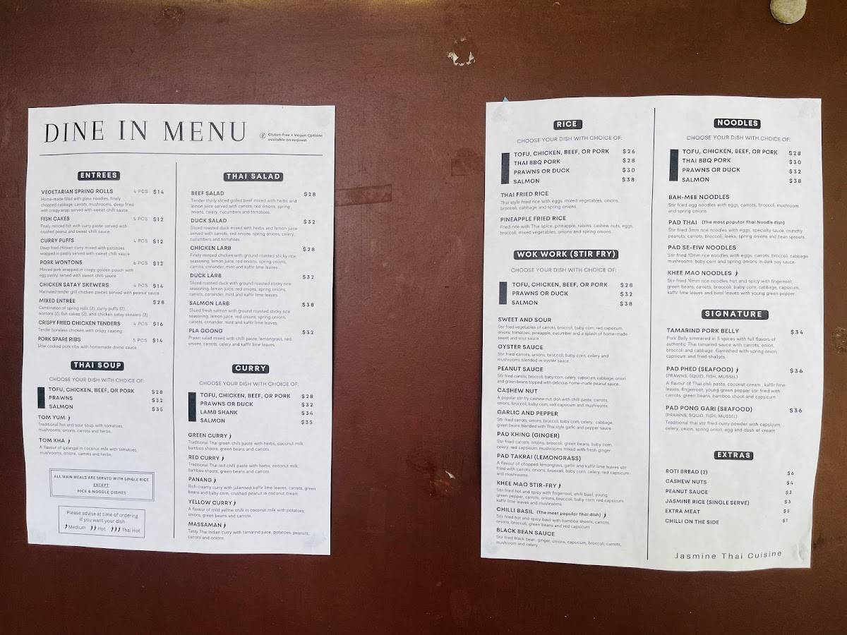 Menu at Jasmine Thai Restaurant, Twizel
