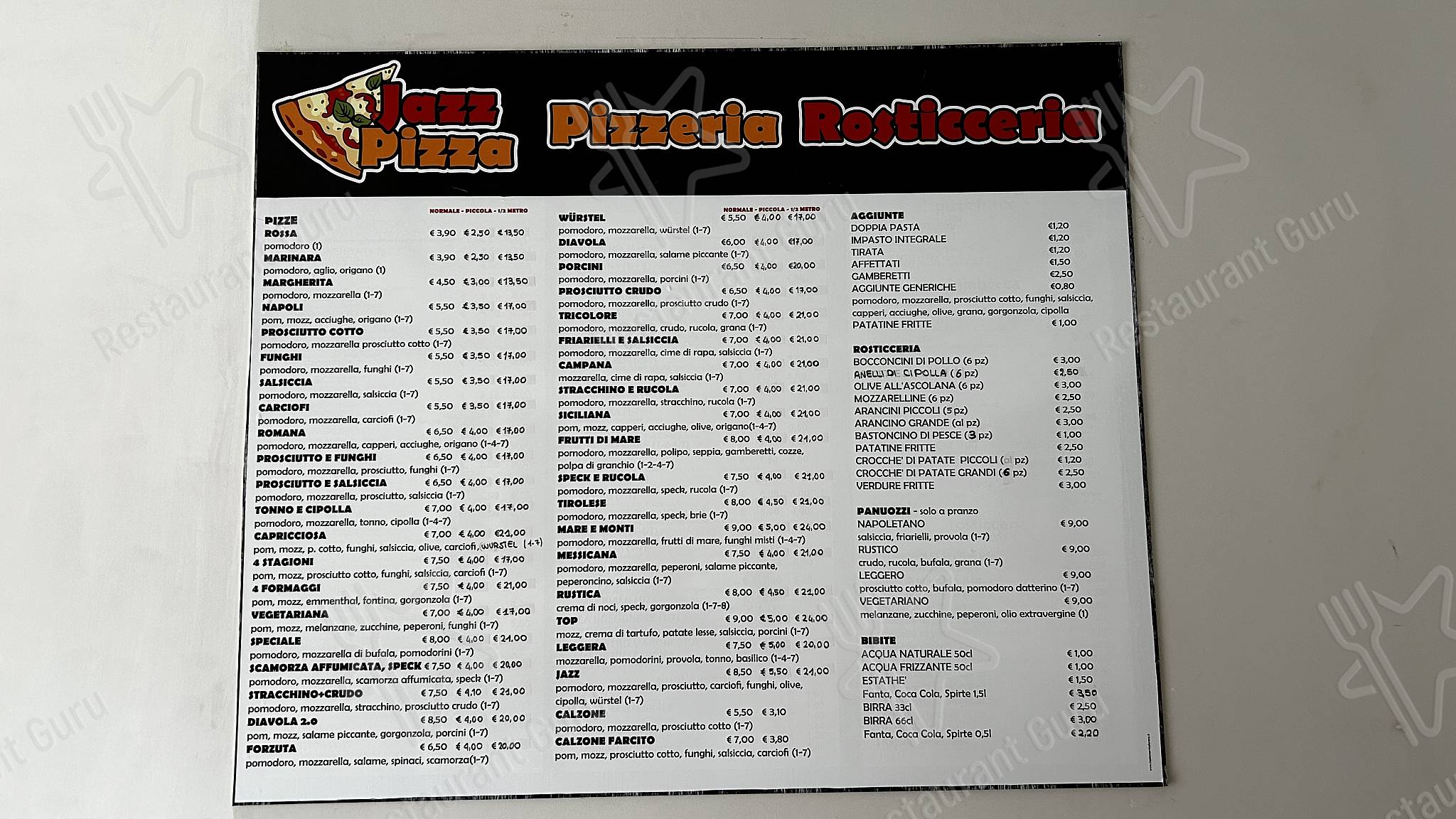 Menu di Jazz Pizza - piatti e bevande