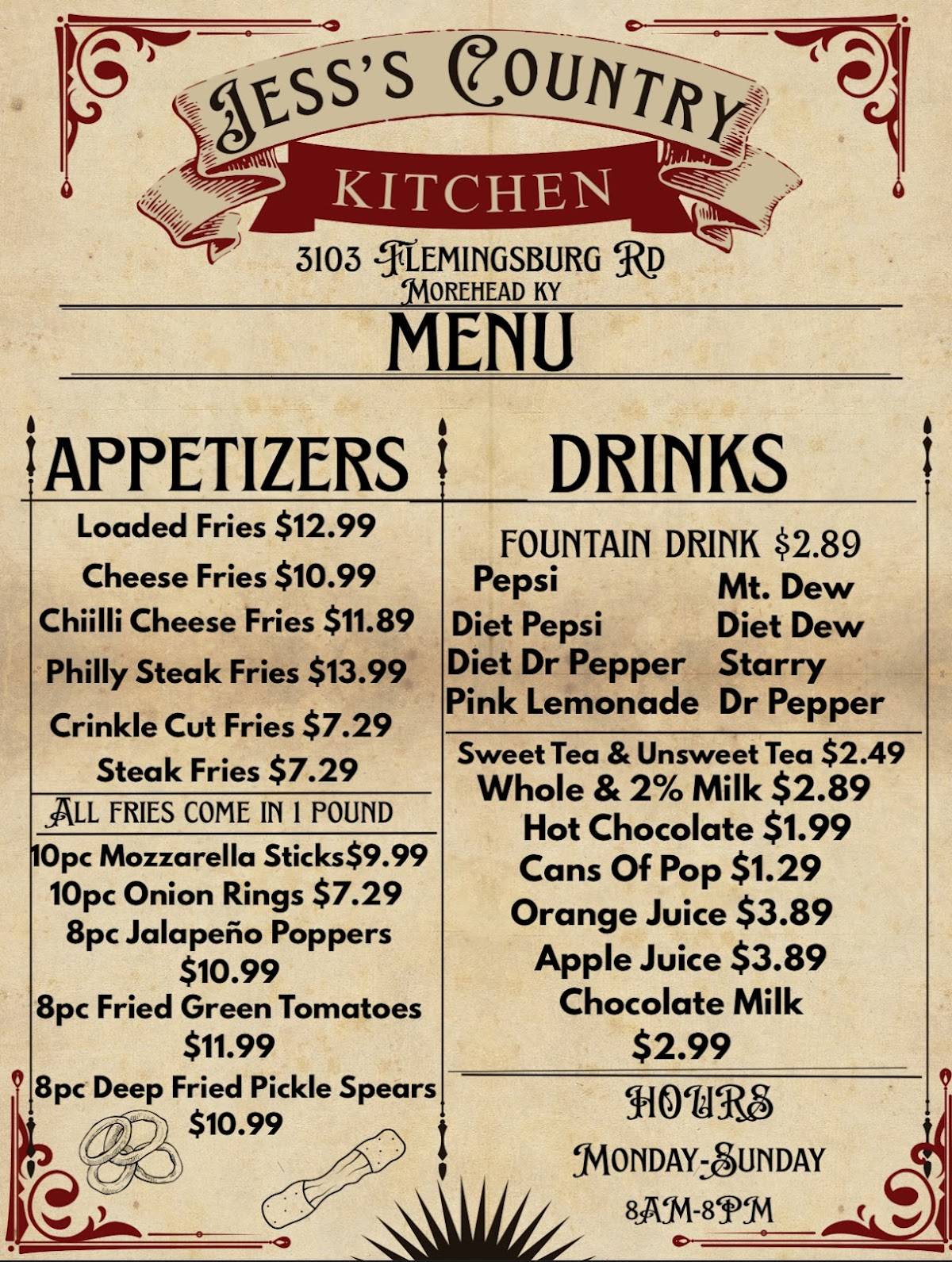 Menu at Jess's Country Kitchen restaurant, Morehead