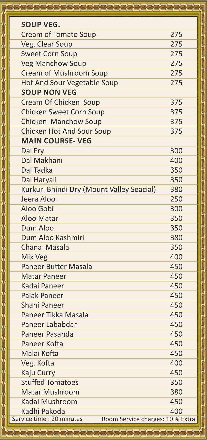 Jharokha Restaurant - Mount Valley Resort, Ranthambore menu