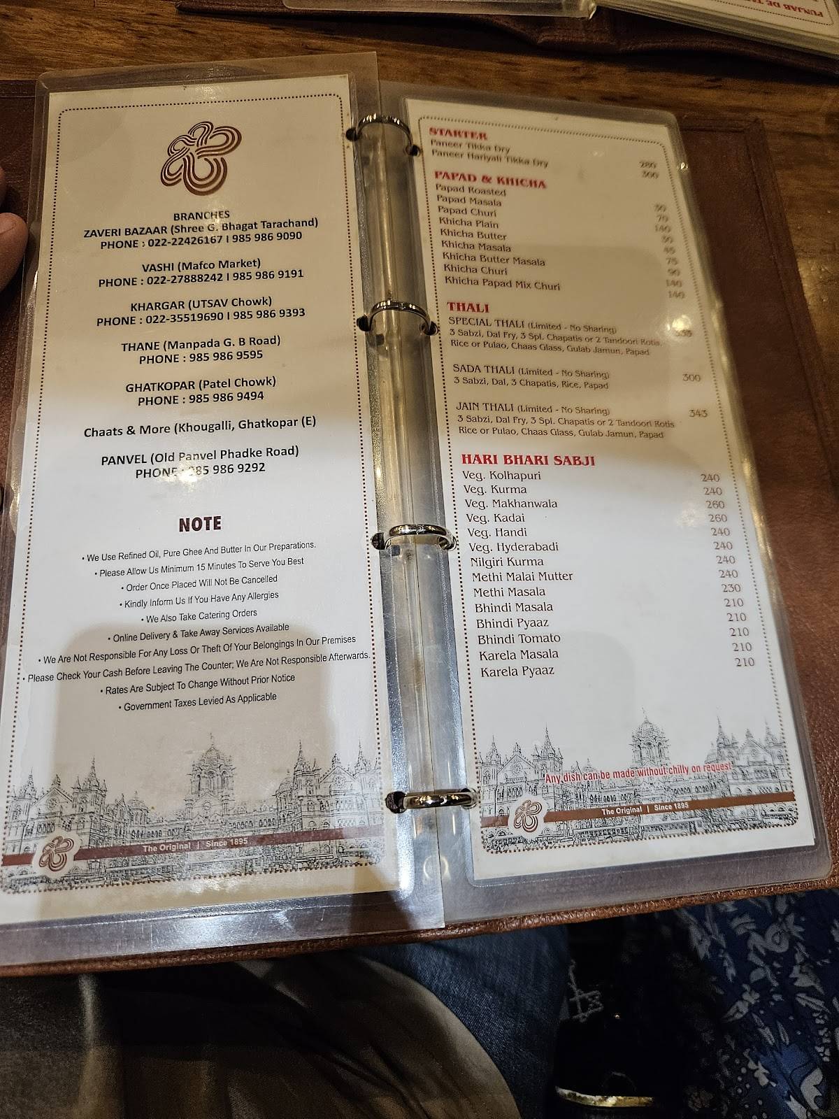 K Bhagat Tarachand, Zaveri Bazaar menu