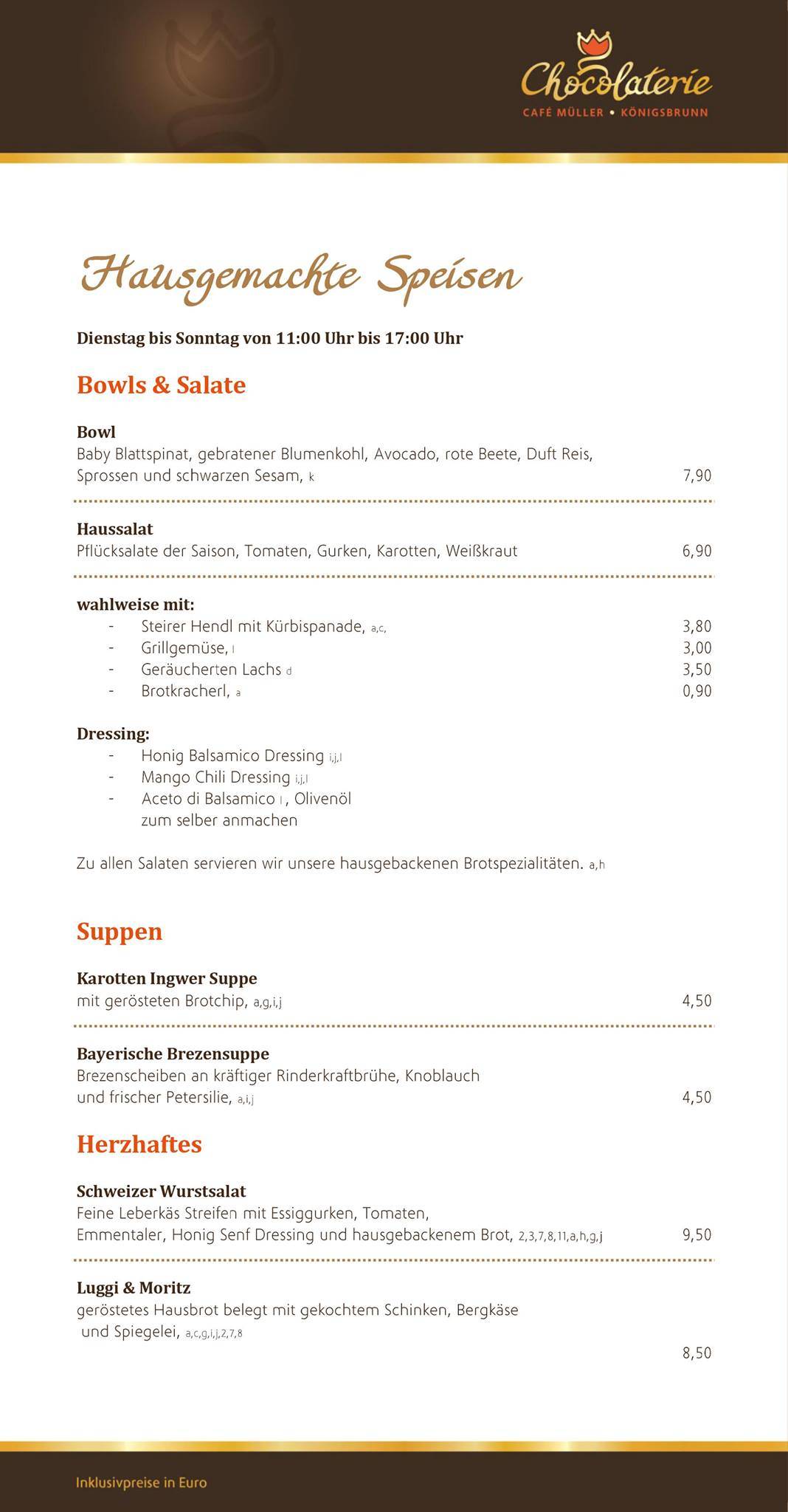 Speisekarte von Müller Café cafe, Königsbrunn, BürgermeisterWohlfarth