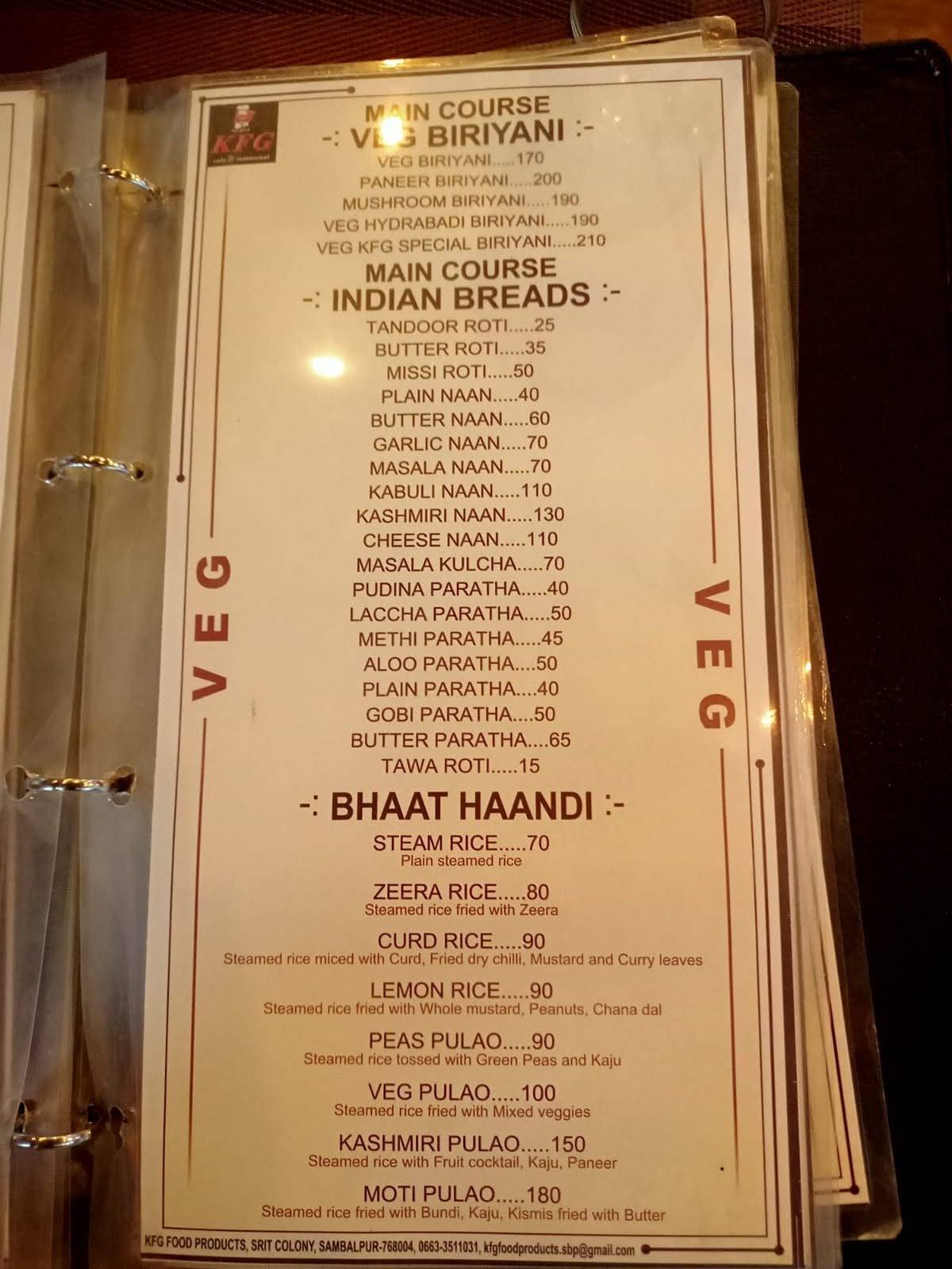 KFG CAFE & RESTAURANT menu