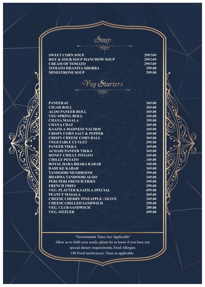 Kaafila Rooftop Club & Lounge menu