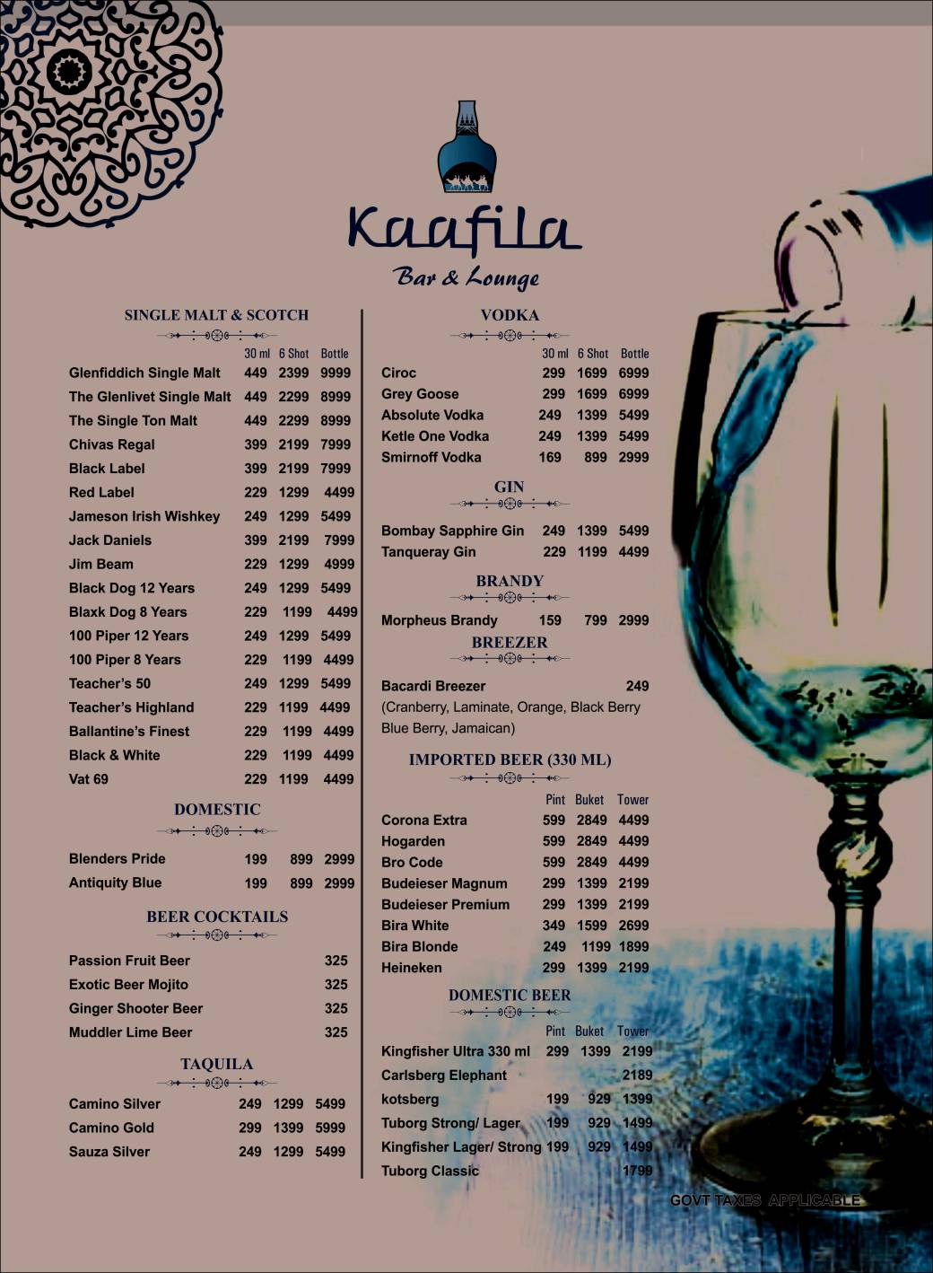 Kaafila Rooftop Club & Lounge menu