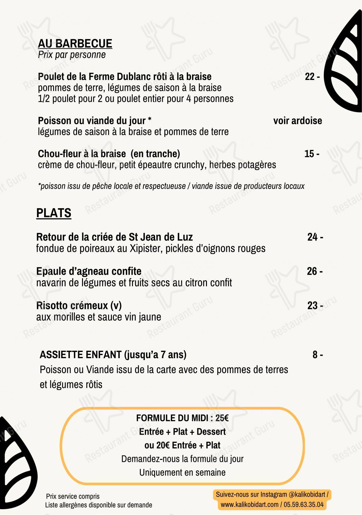 Menu pour Kaliko dans Bidart