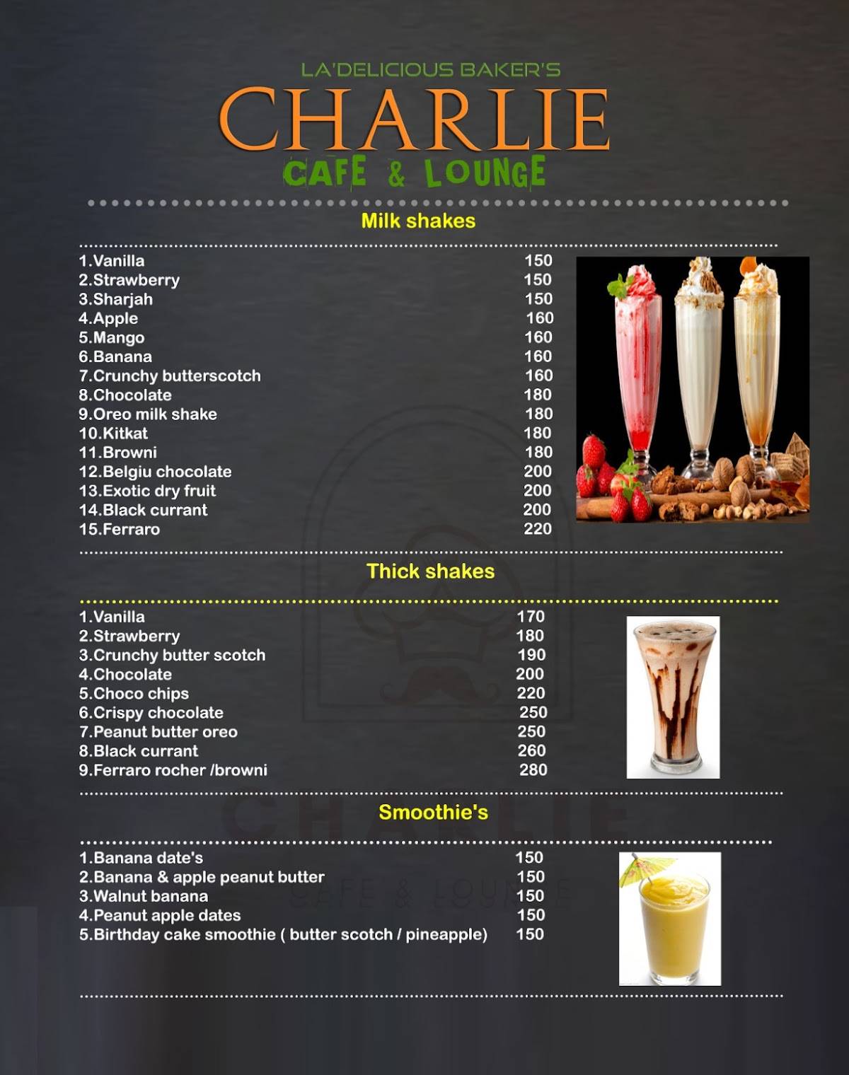 Charlie Cafe & Lounge menu