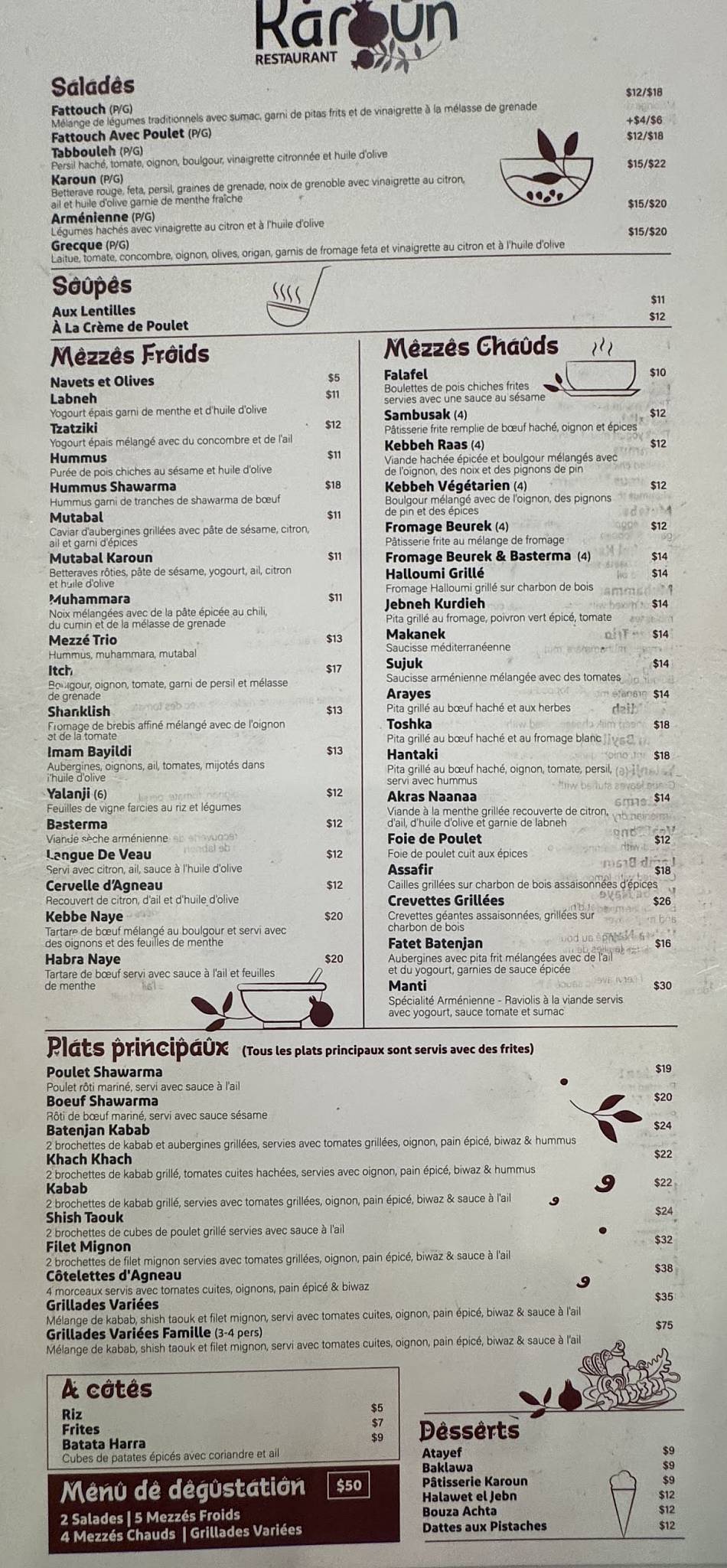 Menu de Karoun