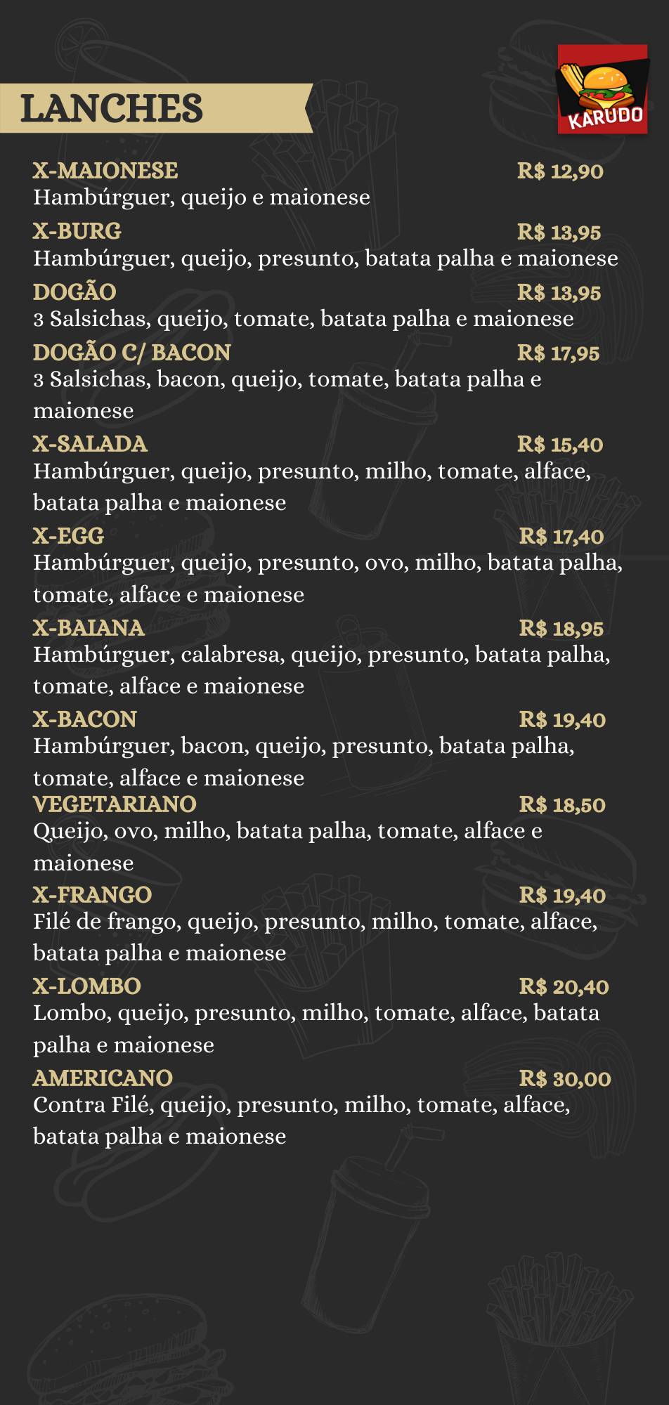 Karudo Lanches e Churros cardápio