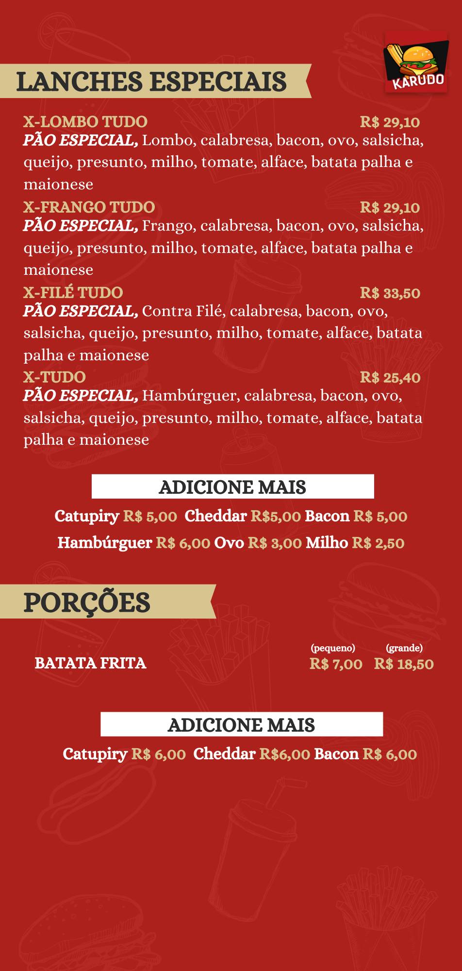 Karudo Lanches e Churros cardápio