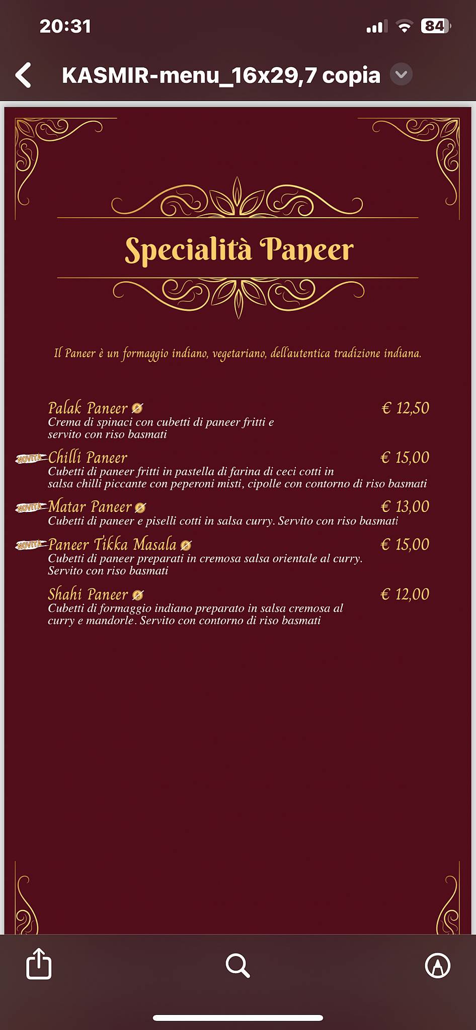 Menu di Kashmir Indian Restaurant & Pizzeria 