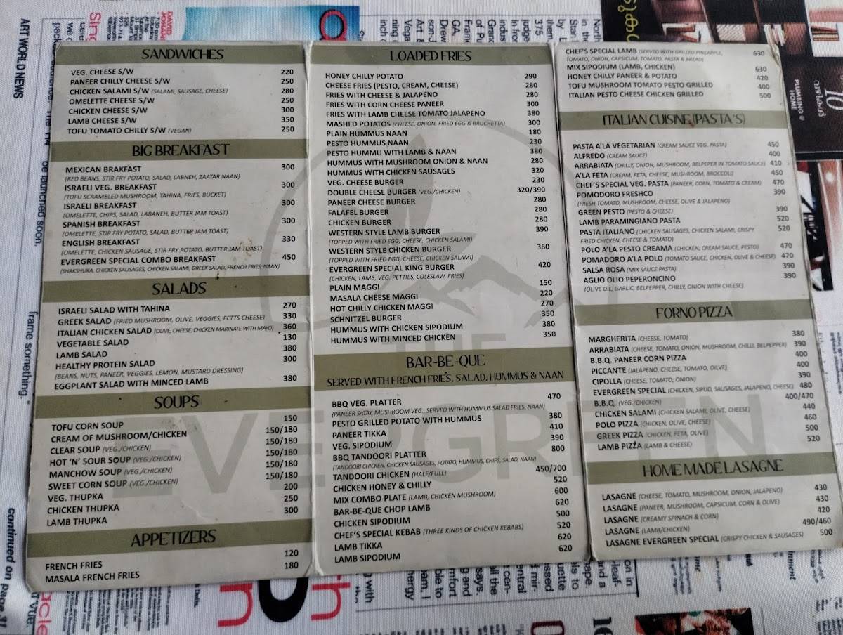 The Evergreen menu