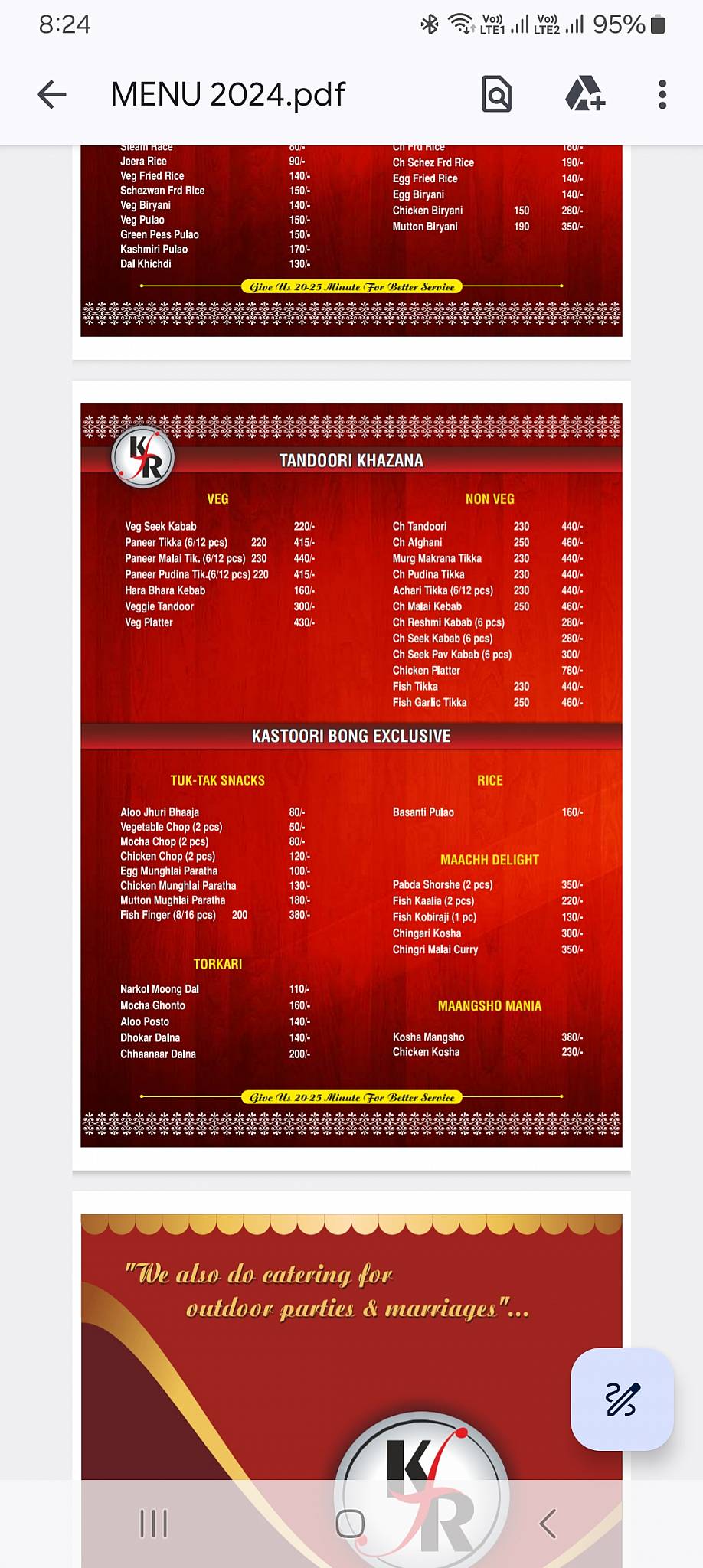 Kastoori Family Restaurant menu