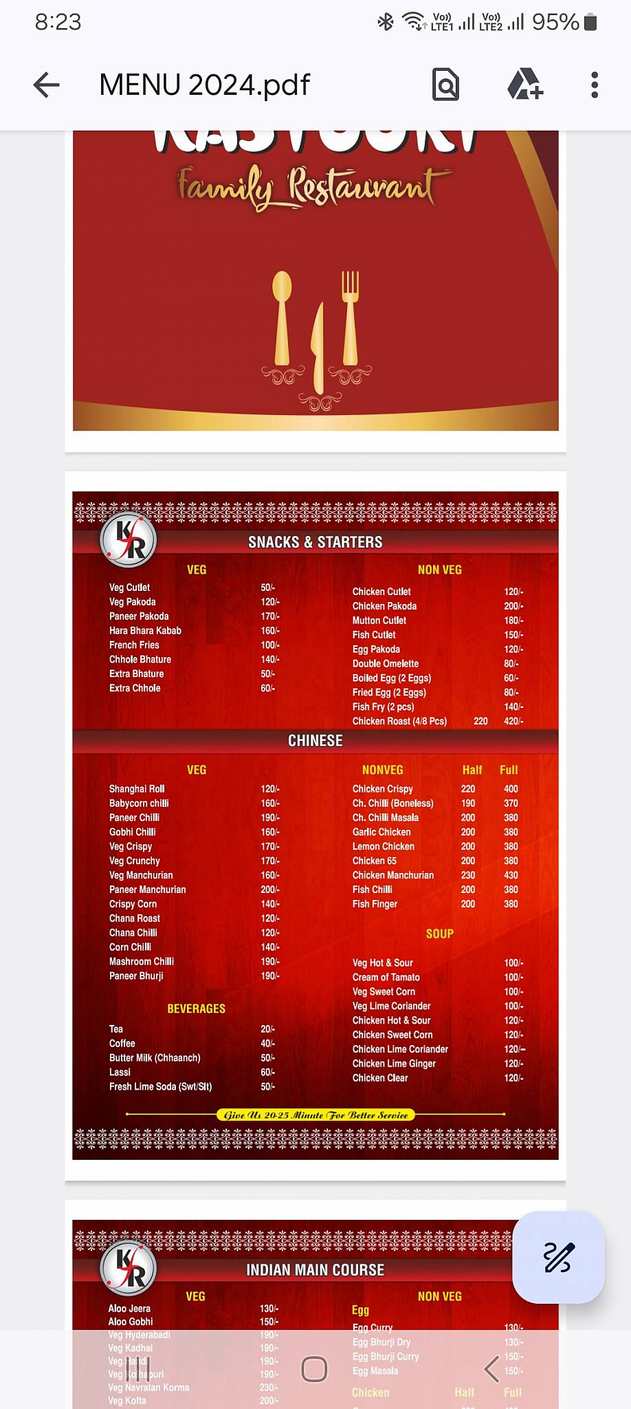 Kastoori Family Restaurant menu