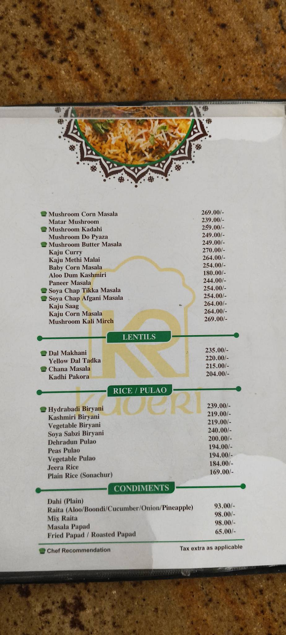 Kaveri Restaurant menu