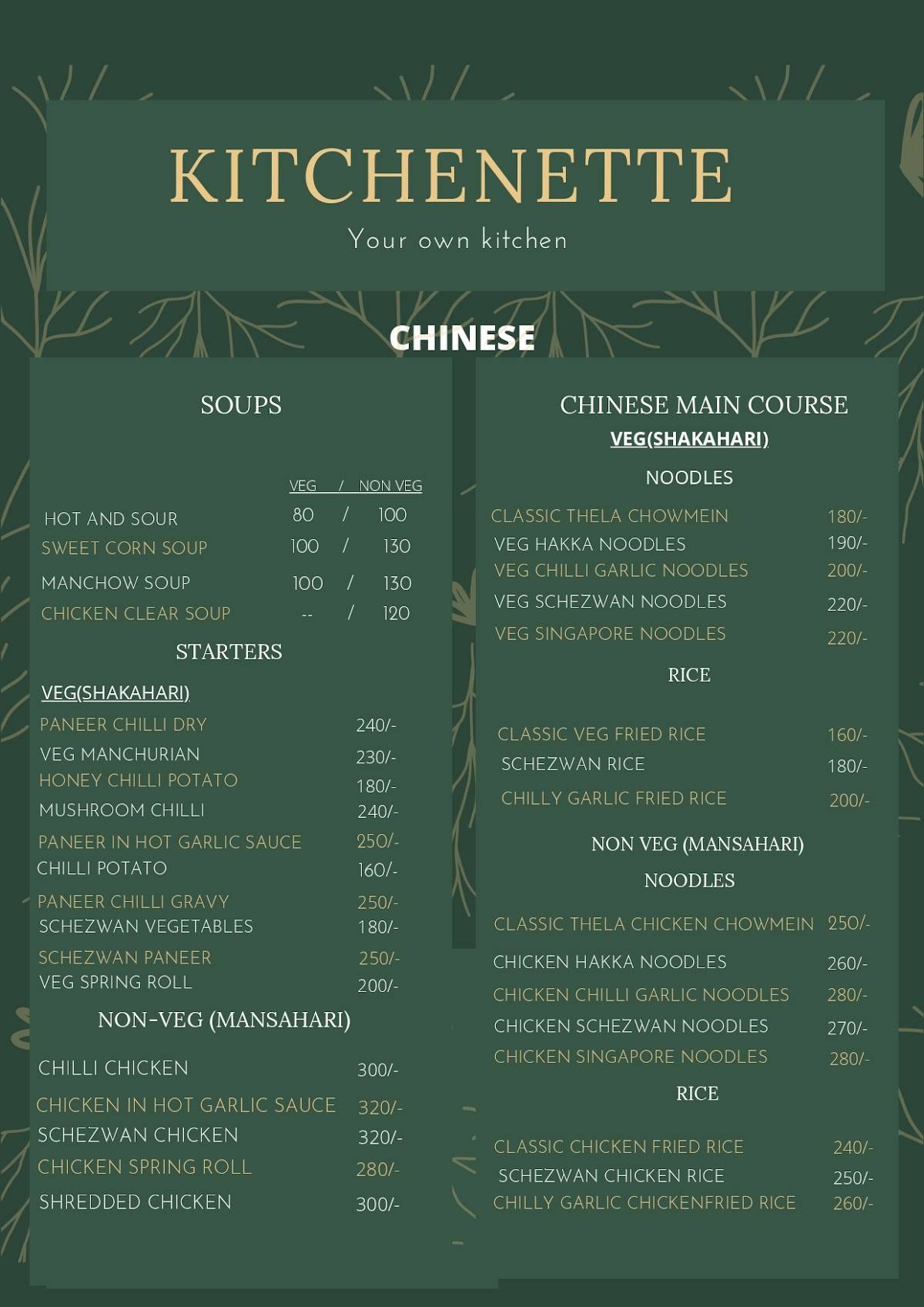 Kitchenette Your Own Kitchen menu
