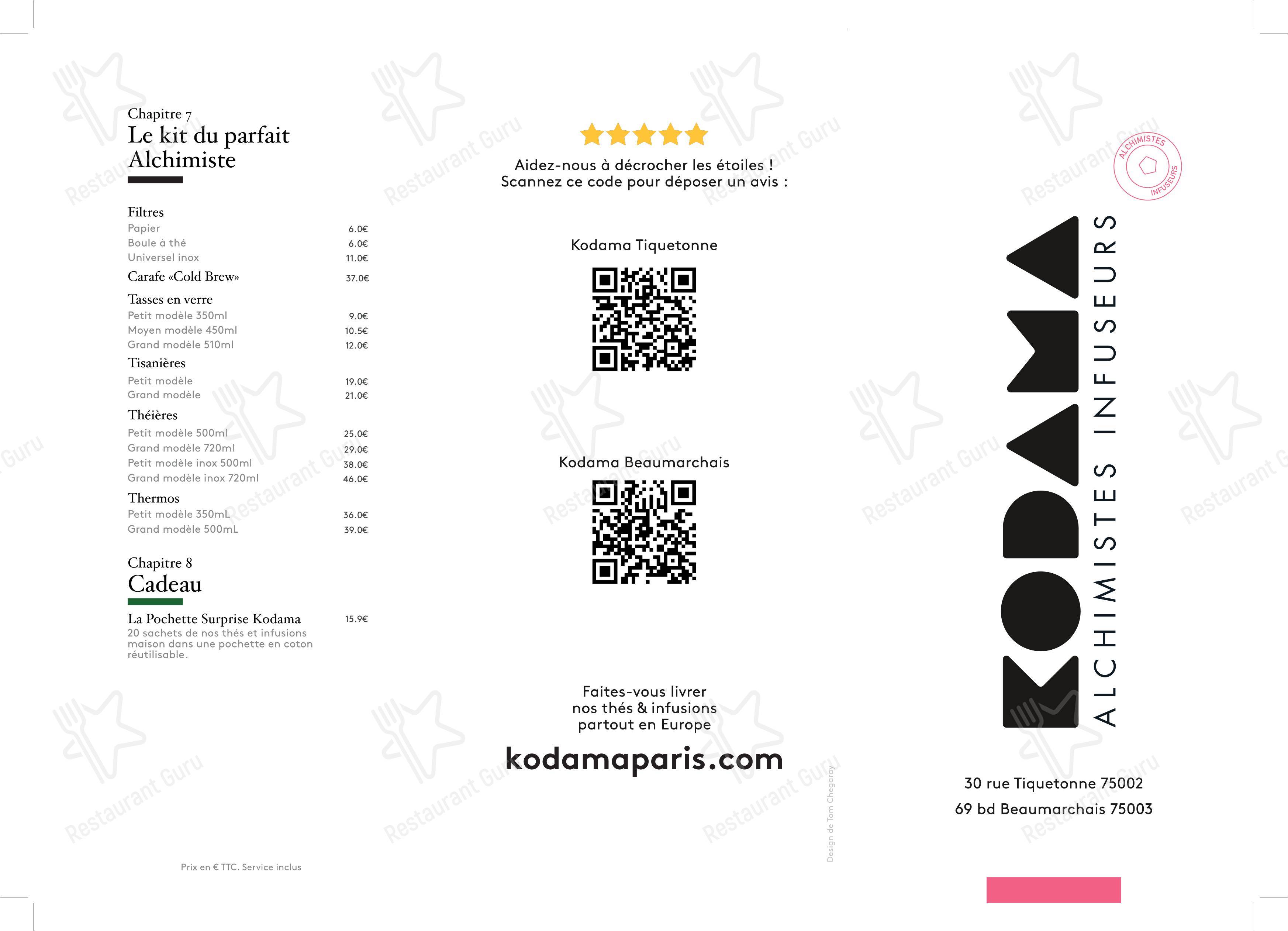 Menu pour Kodama Tiquetonne dans Paris