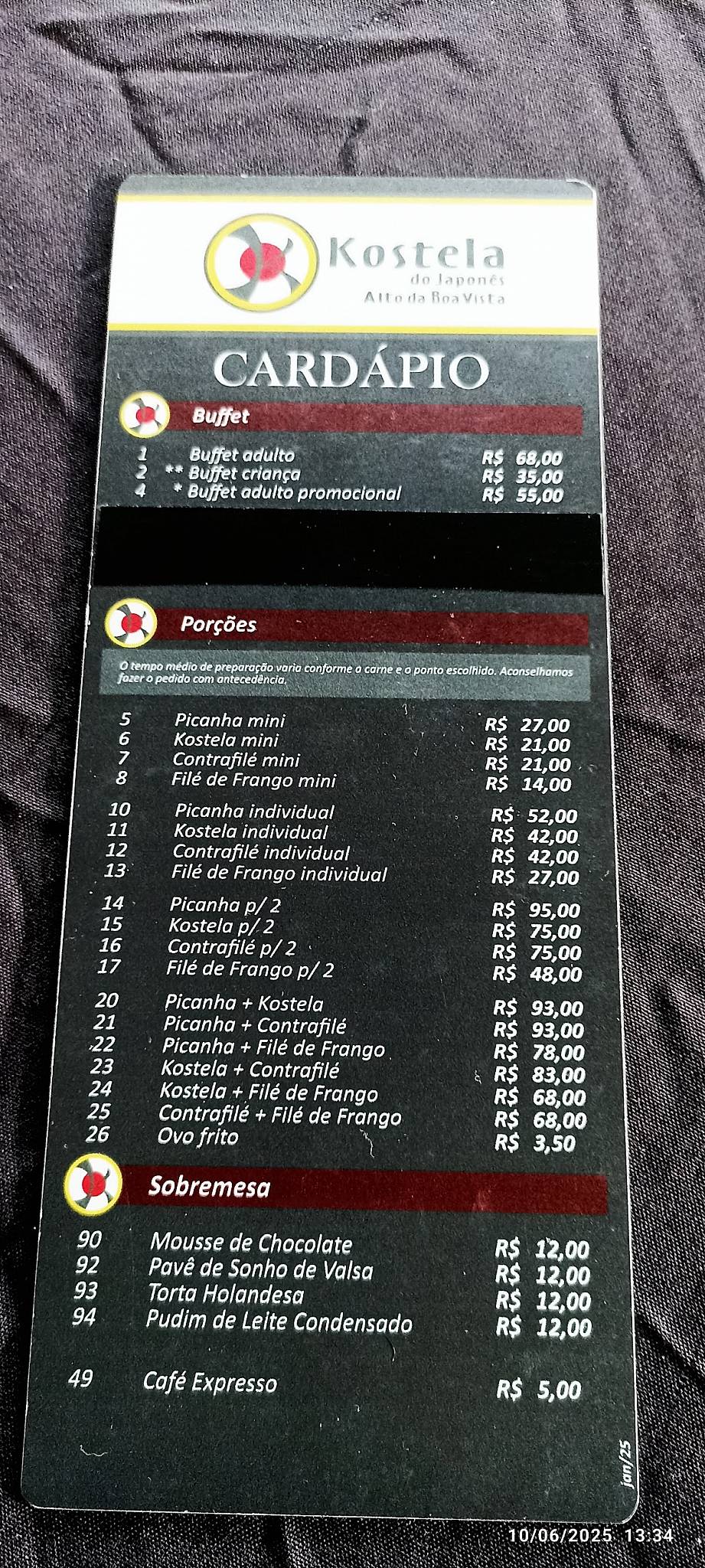 Restaurante Kostela do Japonês cardápio