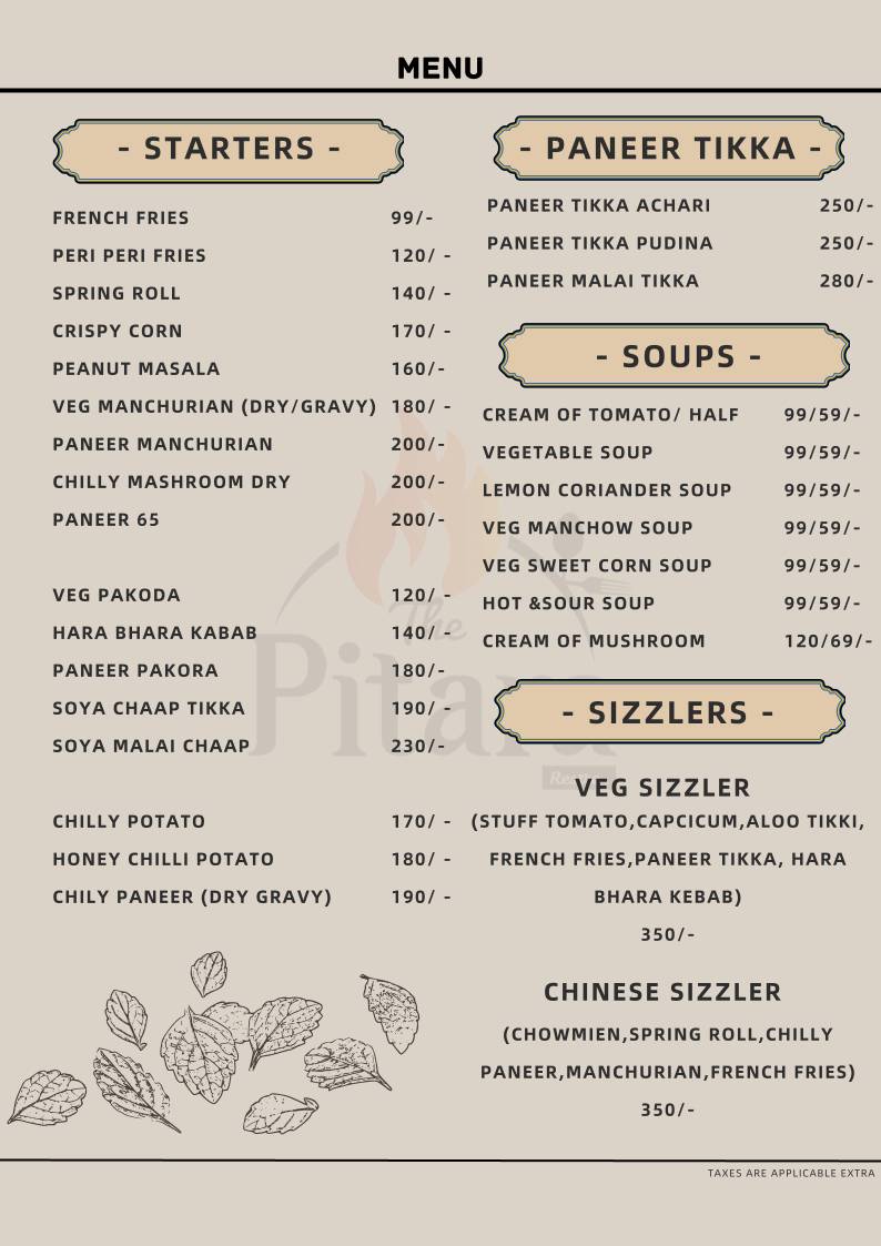The Pitara Restaurant menu
