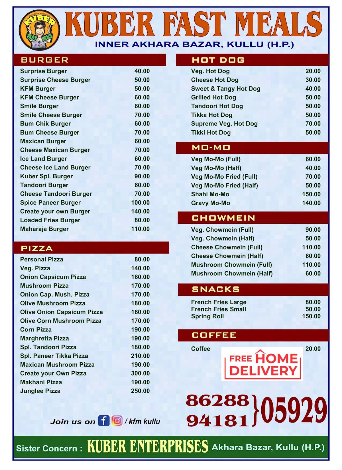Menu at Kuber Fast Meals, Akhara, Kullu, 97/2