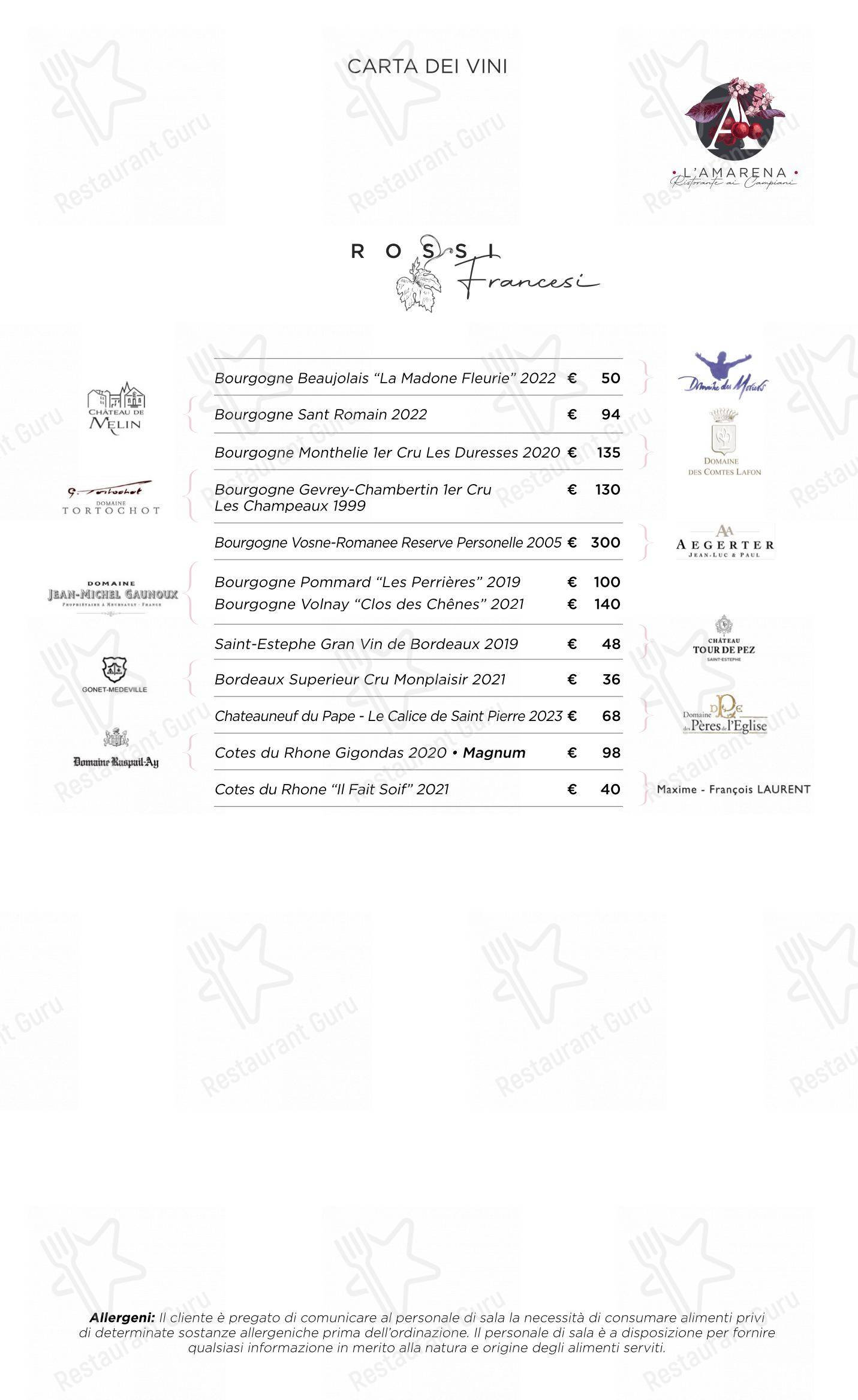 Menu per L'Amarena Ristorante ai Campiani in Cellatica