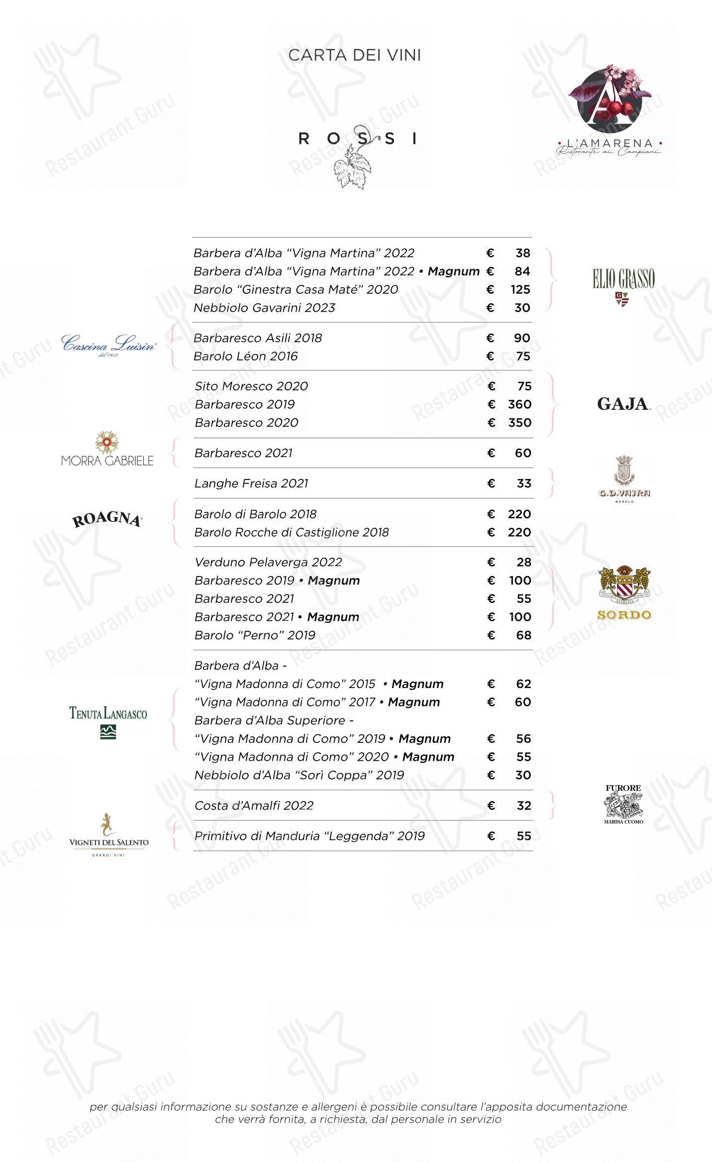 Menu per L'Amarena Ristorante ai Campiani ristorante