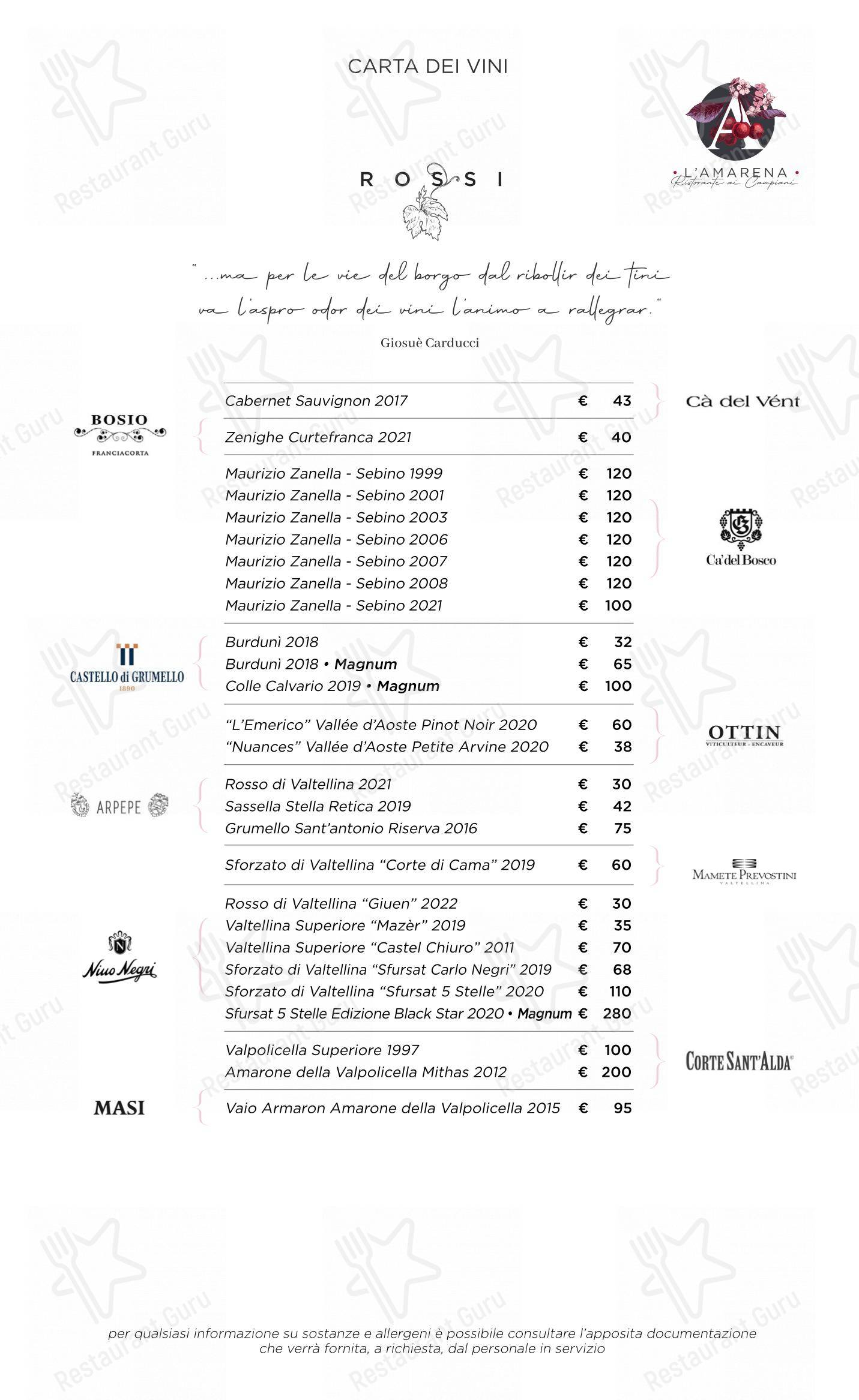 Menu per L'Amarena Ristorante ai Campiani ristorante