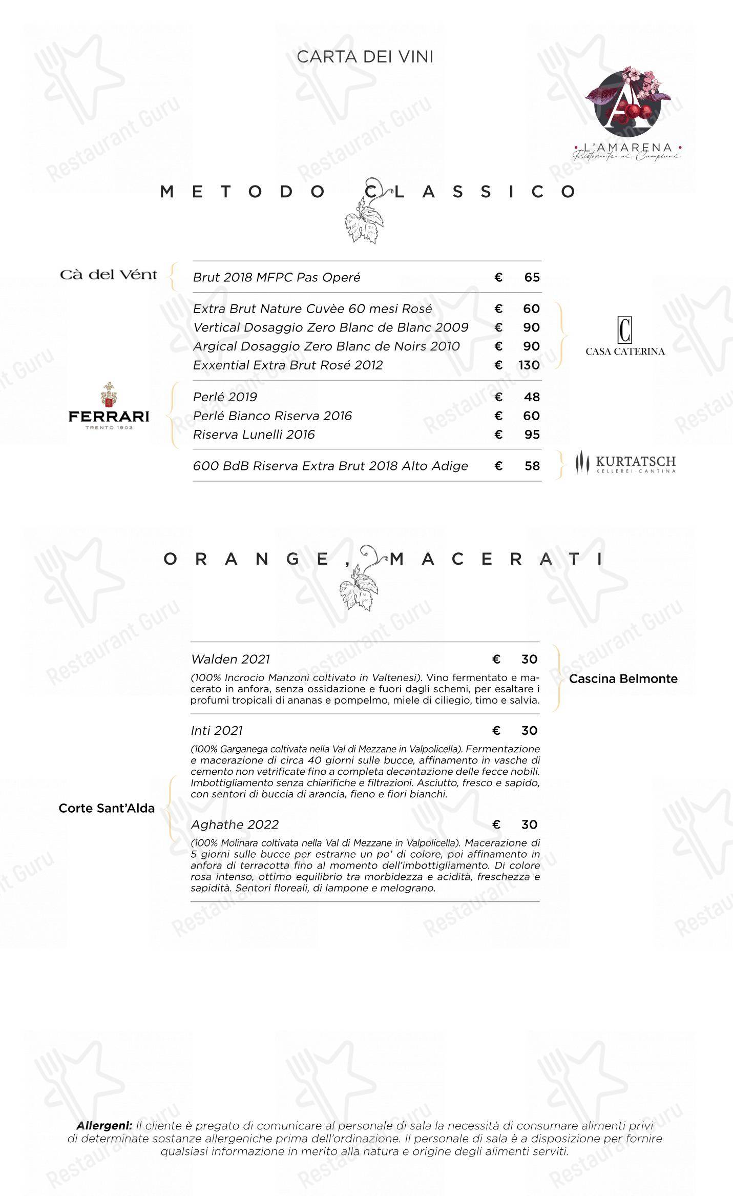 Menu per L'Amarena Ristorante ai Campiani in Cellatica