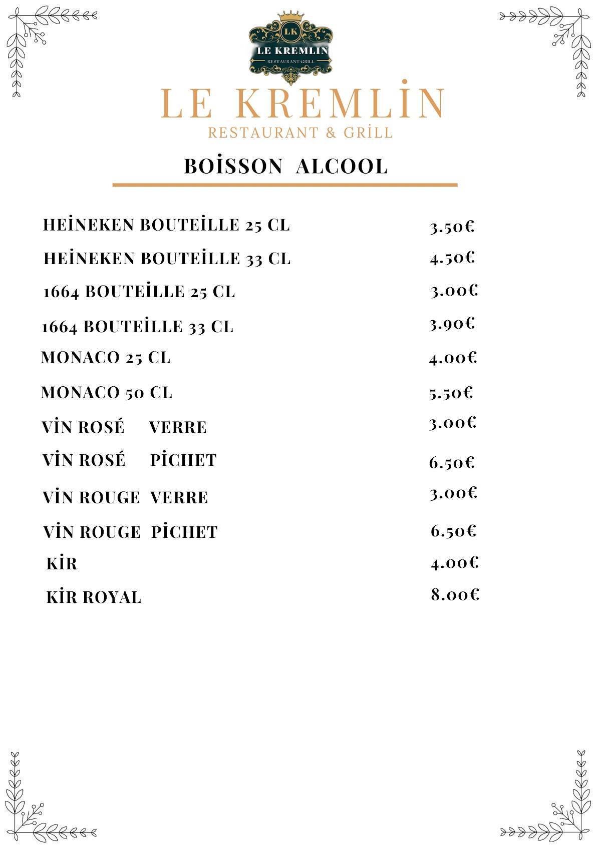 Menu de LE KREMLIN RESTAURANT GRILL