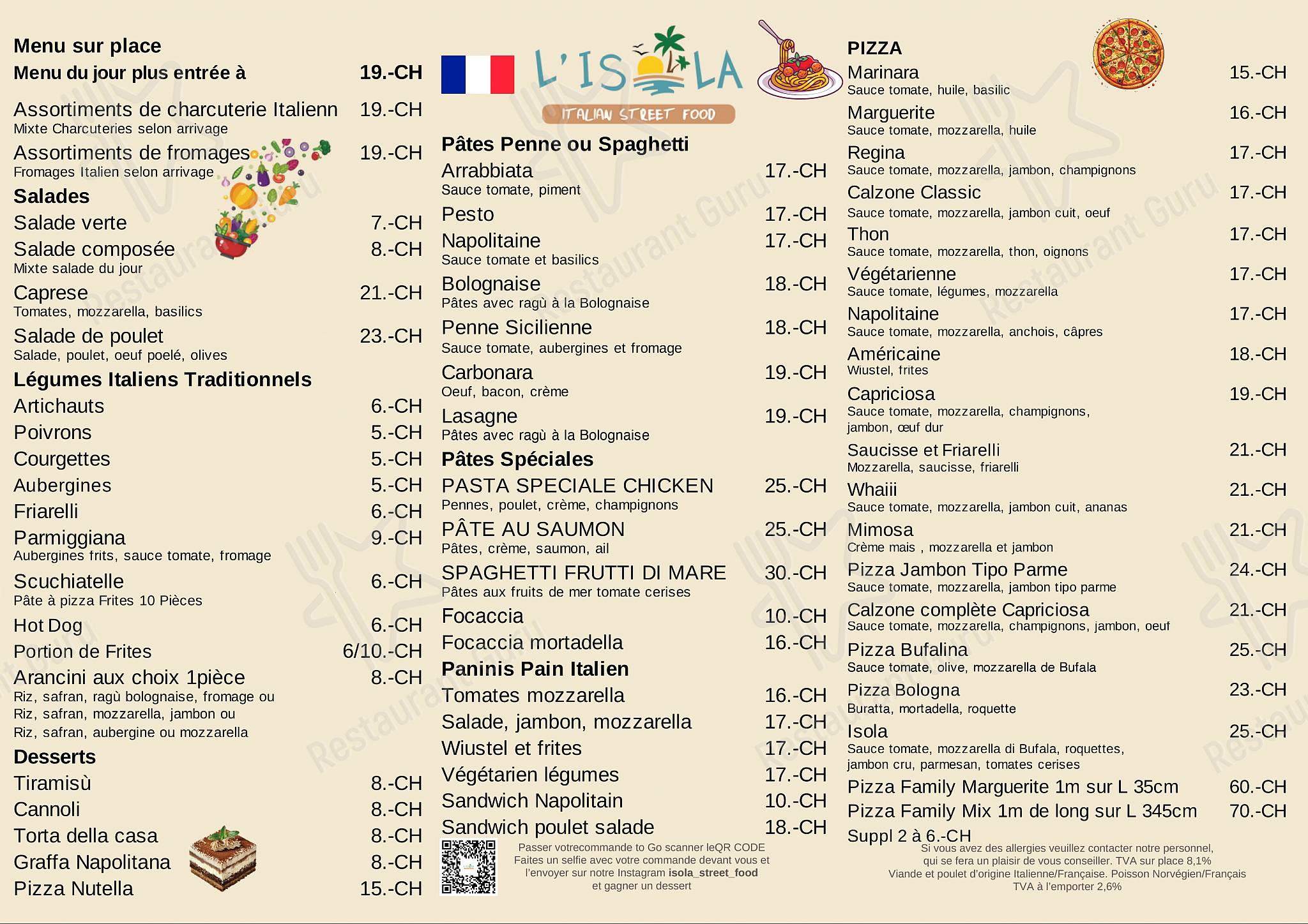 Menu di L'Isola - Italian Street Food - Restaurant et Pizzeria 