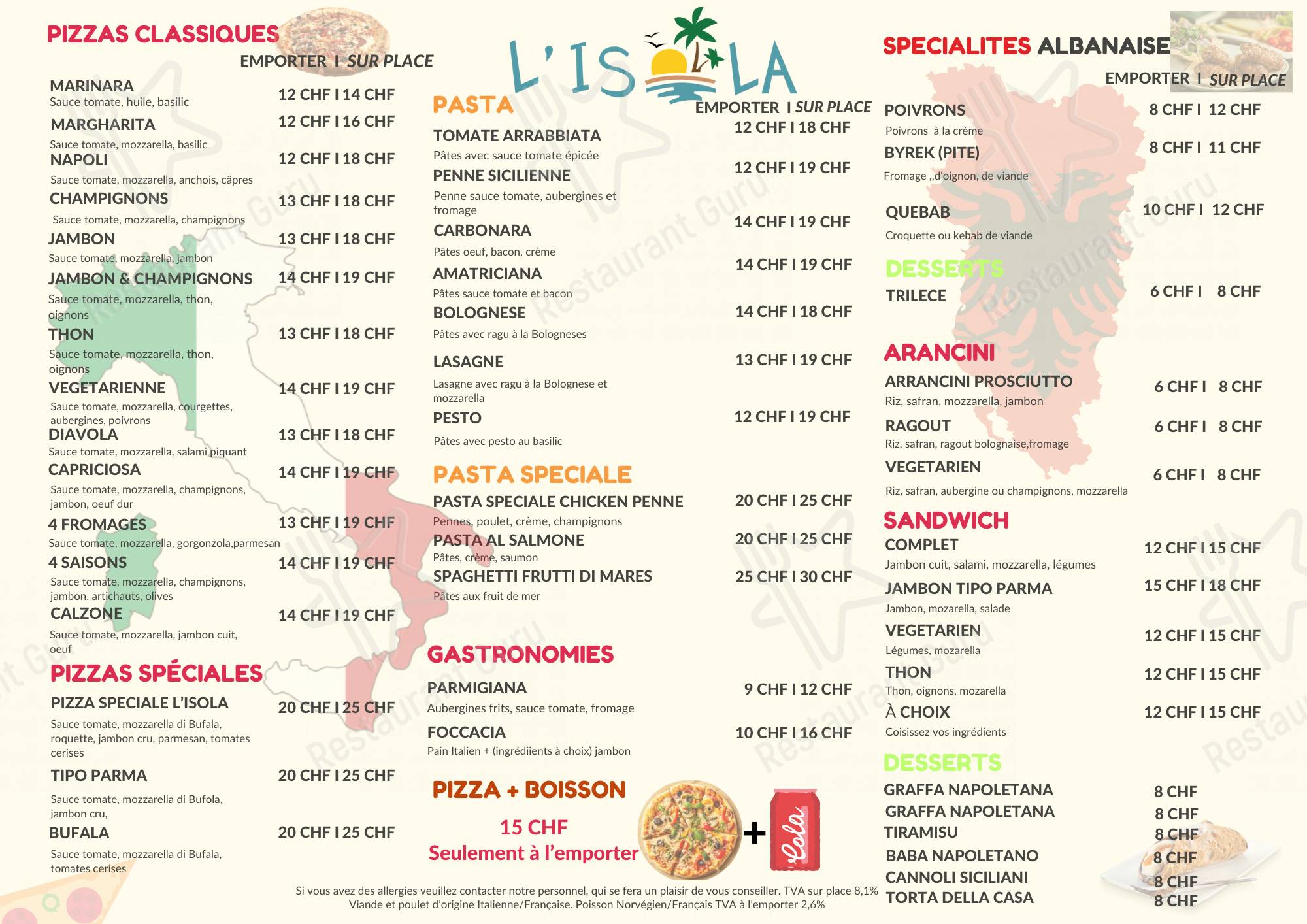 Menu di L'Isola - Italian&Albanian Street Food - Restaurant et Pizzeria 