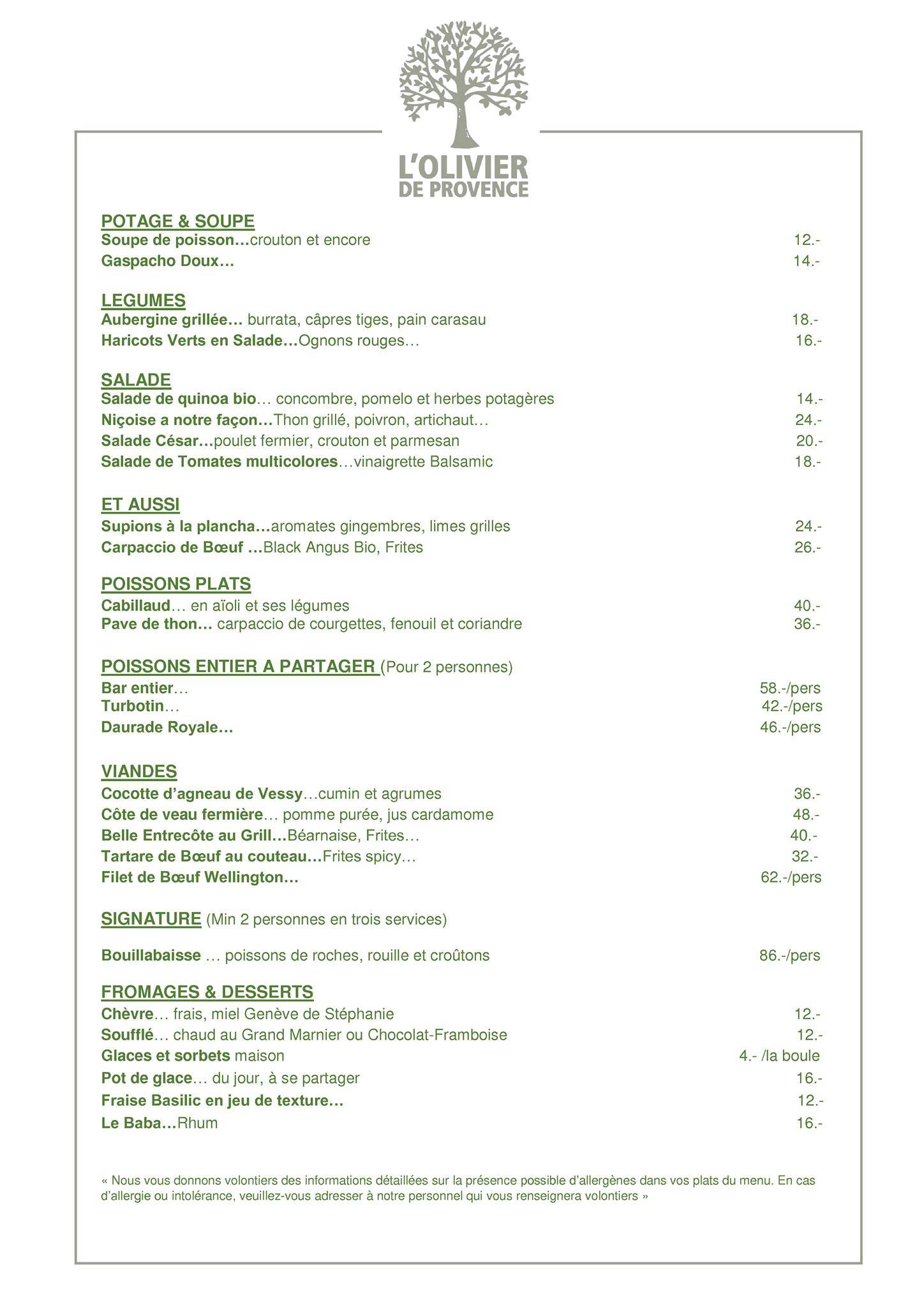 Menu di L'Olivier de Provence 