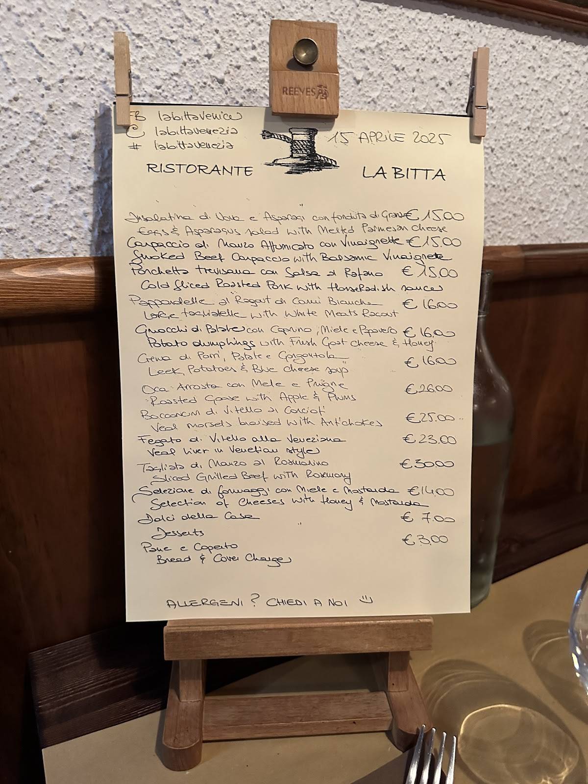 Menu di La Bitta Venezia 