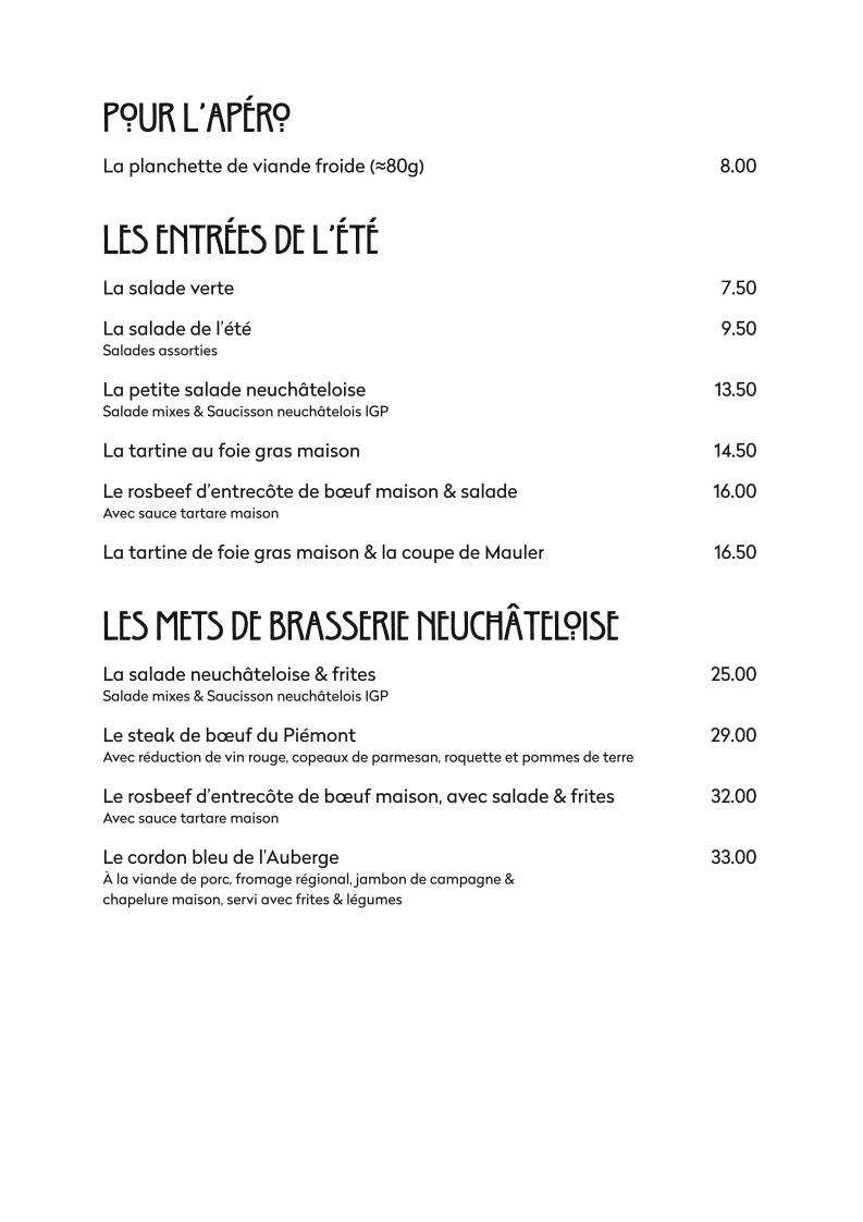 Menu di La Brasserie - Auberge des Vieux-Toits 