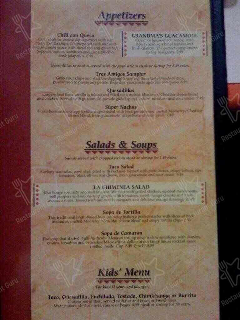 Menu at La Chimenea restaurant, Germantown