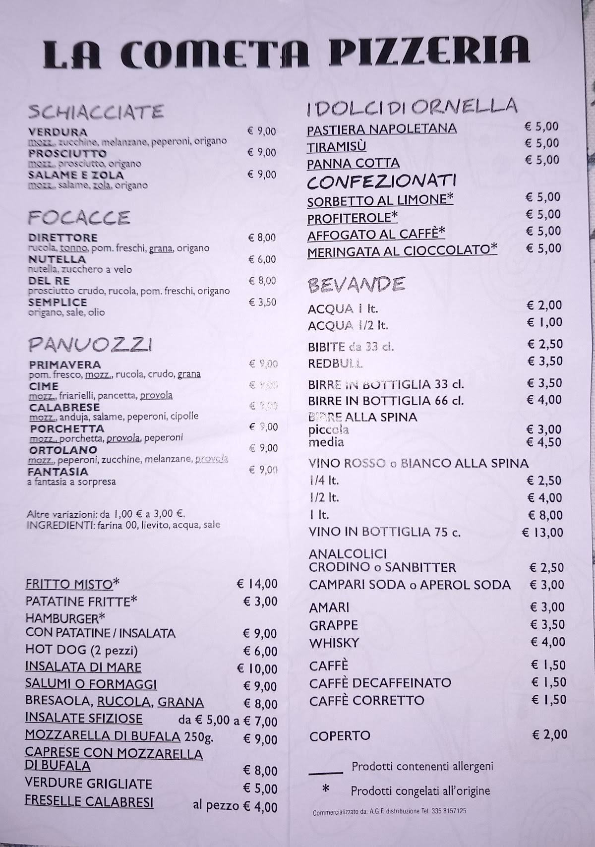 Menu di La Cometa 