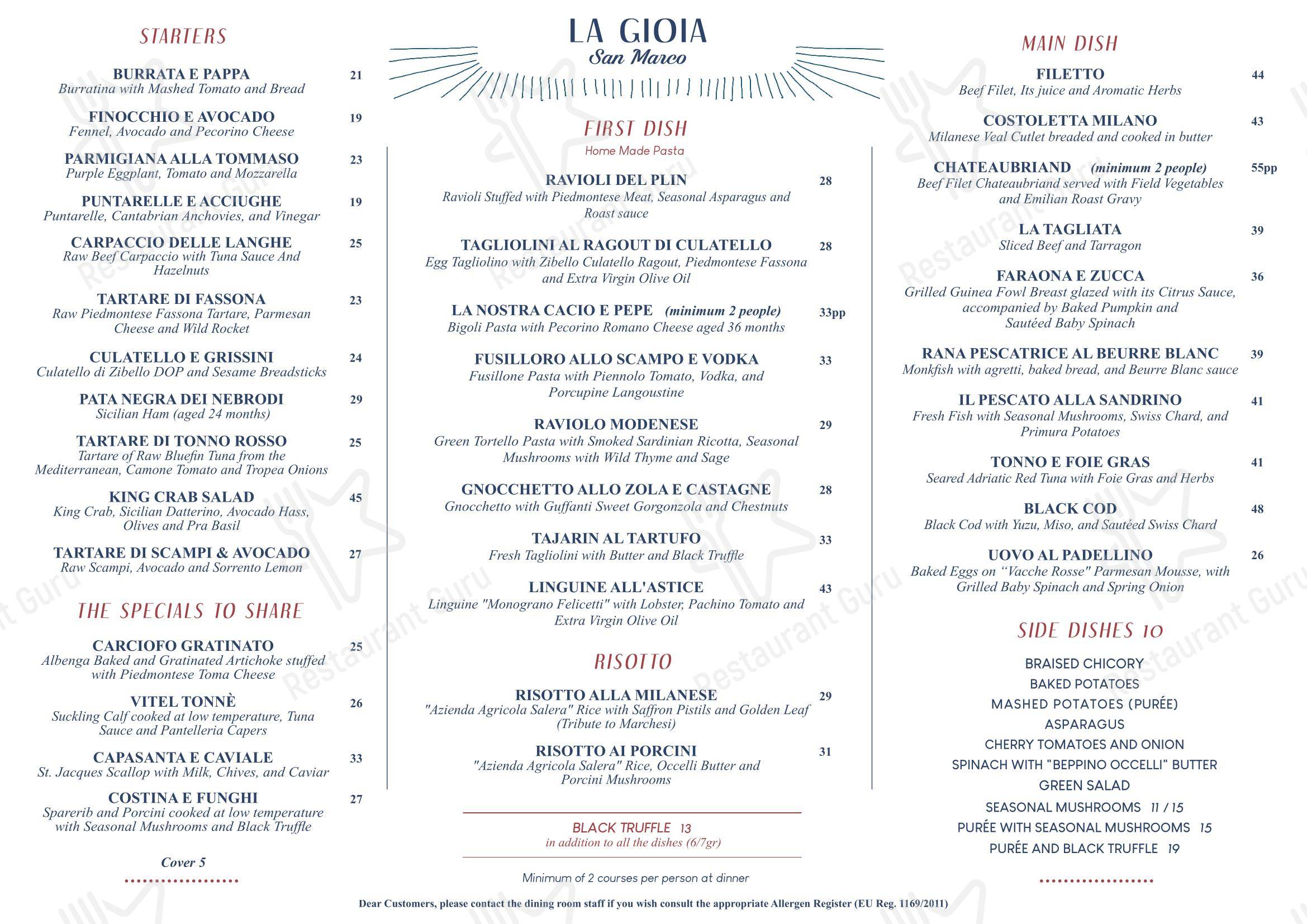 Основное меню per La Gioia San Marco ristorante