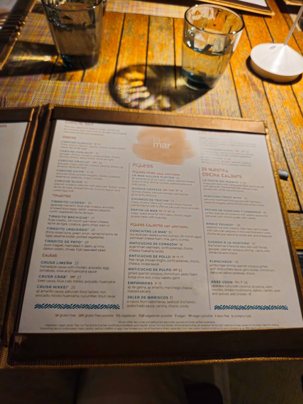 Menu at La Mar by Gastón Acurio restaurant, Miami