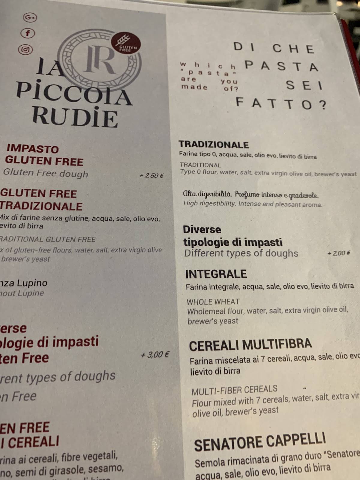 Menu di La Piccola Rudie 