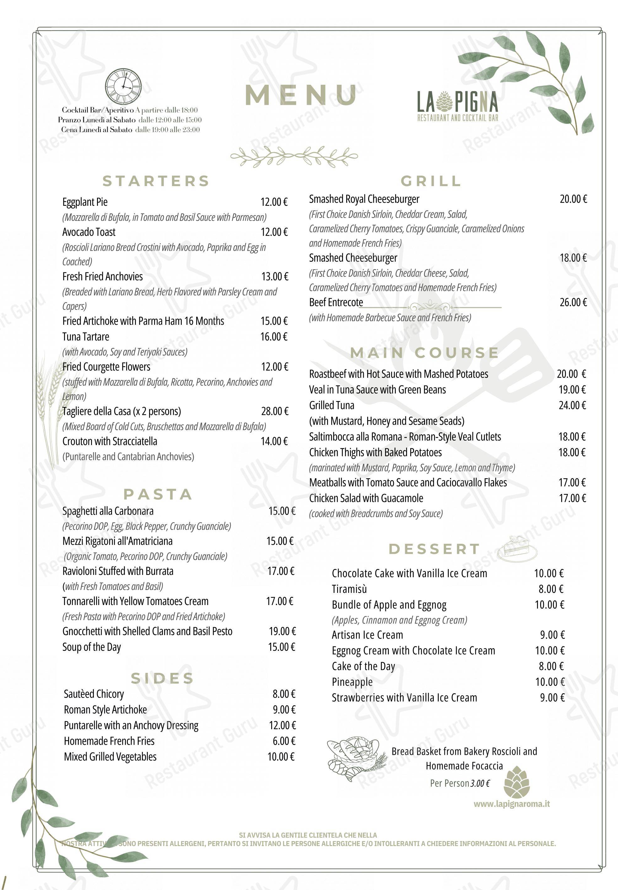 Menu per La Pigna Roma Cocktail Bar and Restaurant ristorante