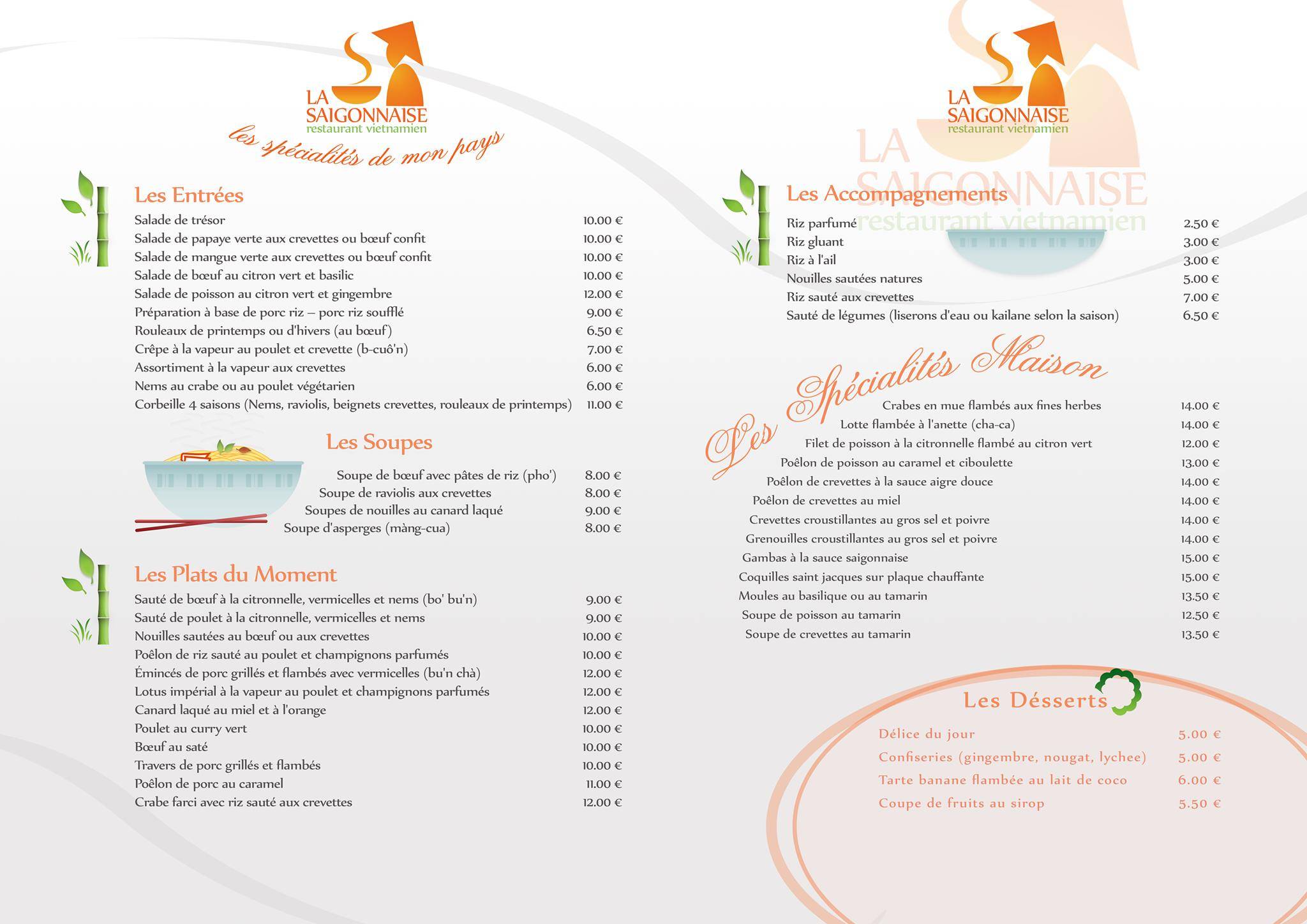 Menu de La Saïgonnaise