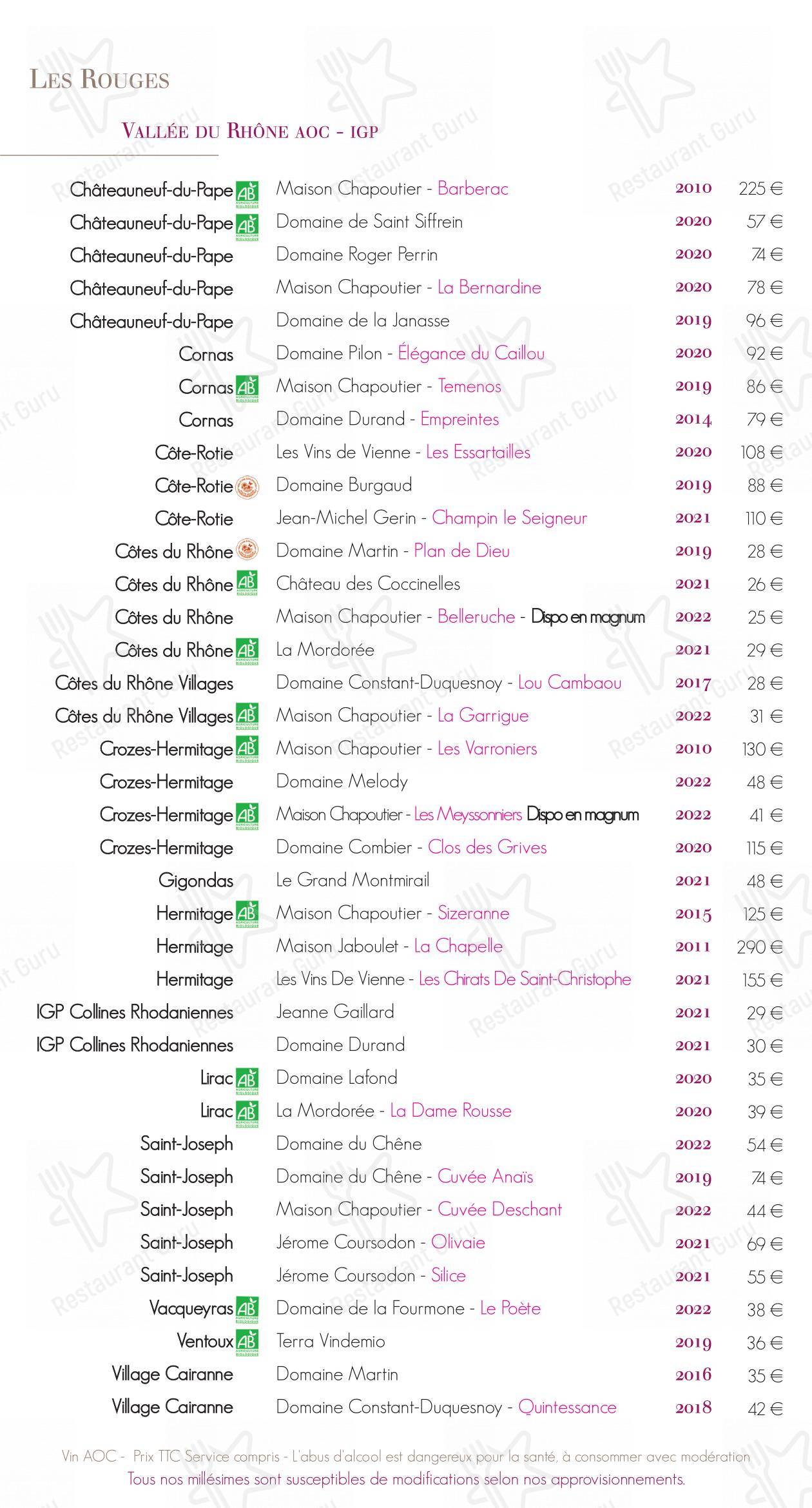 Menu pour La Table du Donjon - Menu