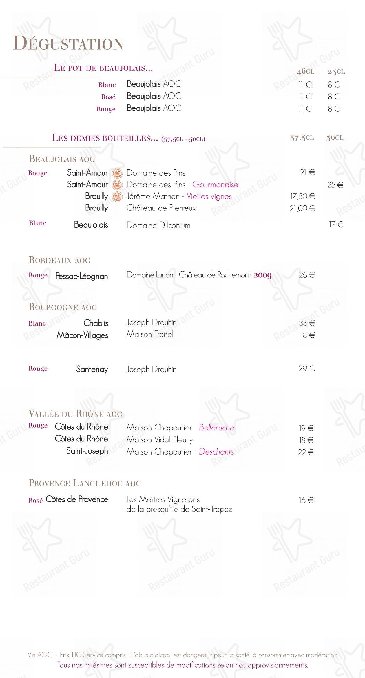 Menu pour La Table du Donjon restaurant