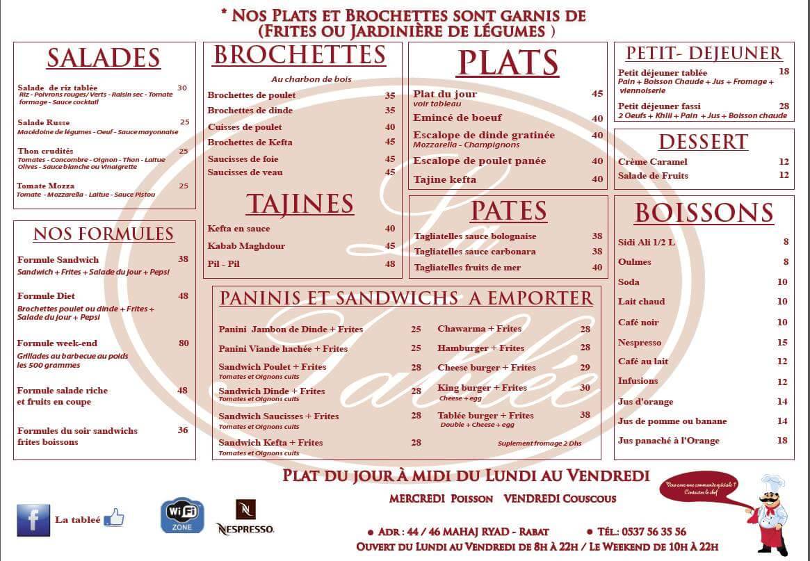 Menu de La Tablée : Café & Restaurant