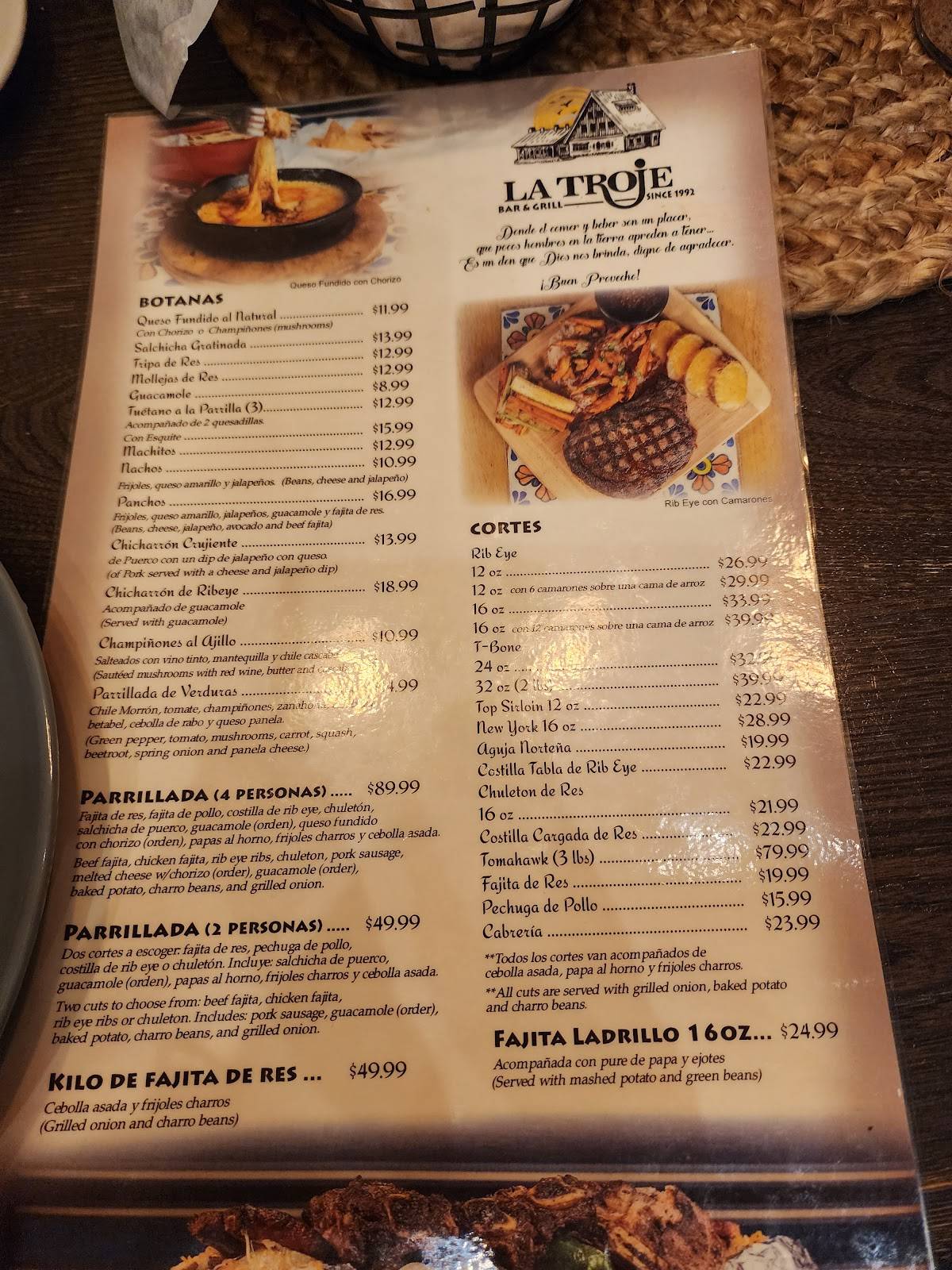 Menu at La Troje Bar and Grill, Brownsville