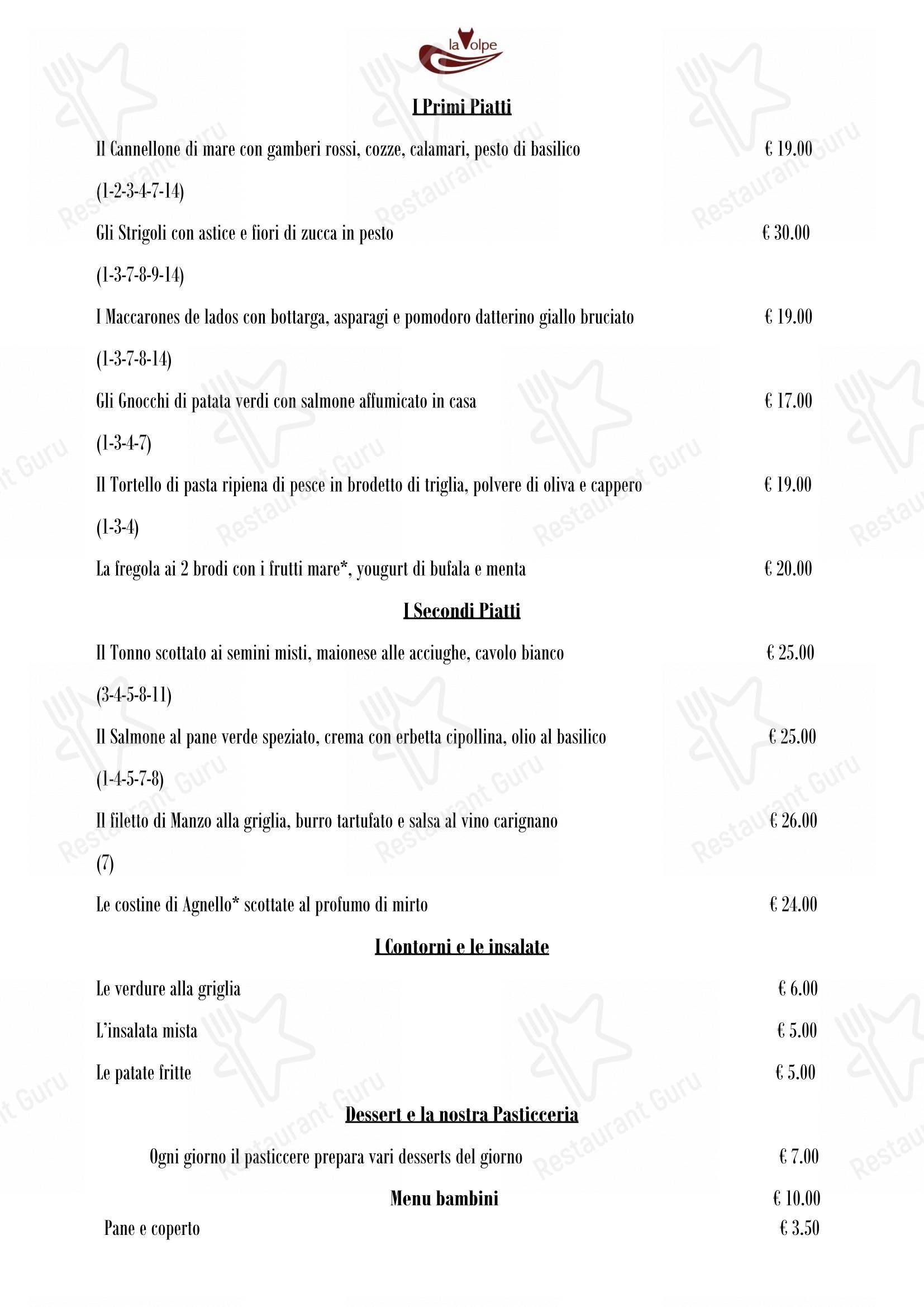 Menu per La Volpe in Tanaunella