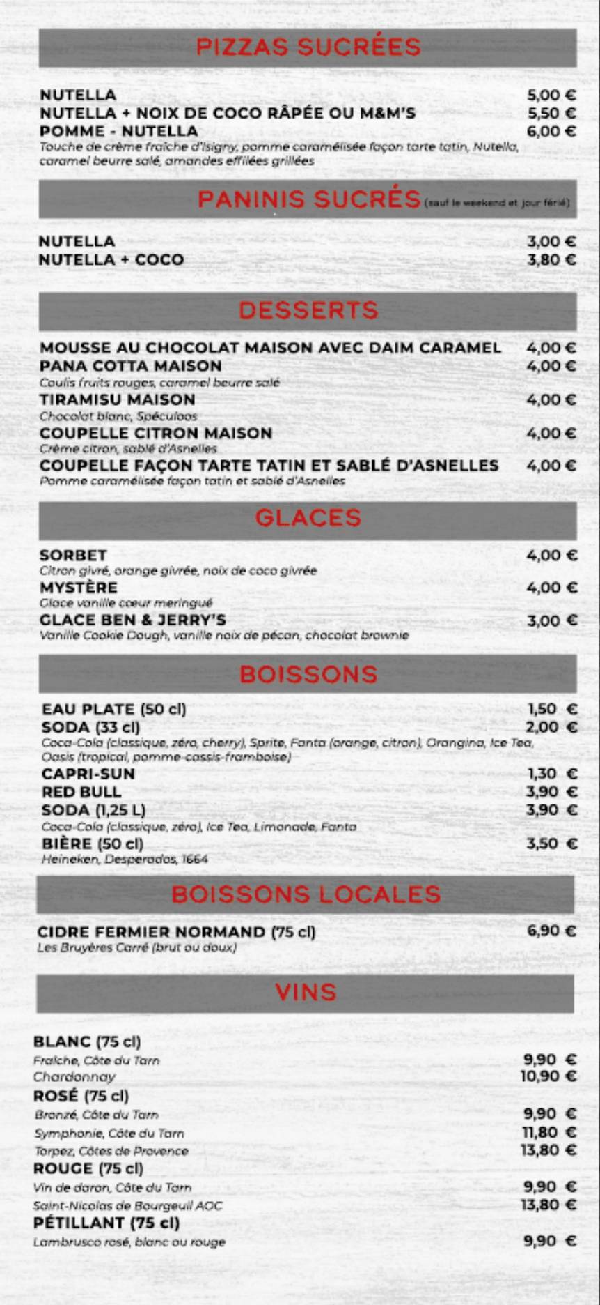 Menu de La Cabane À Pizza